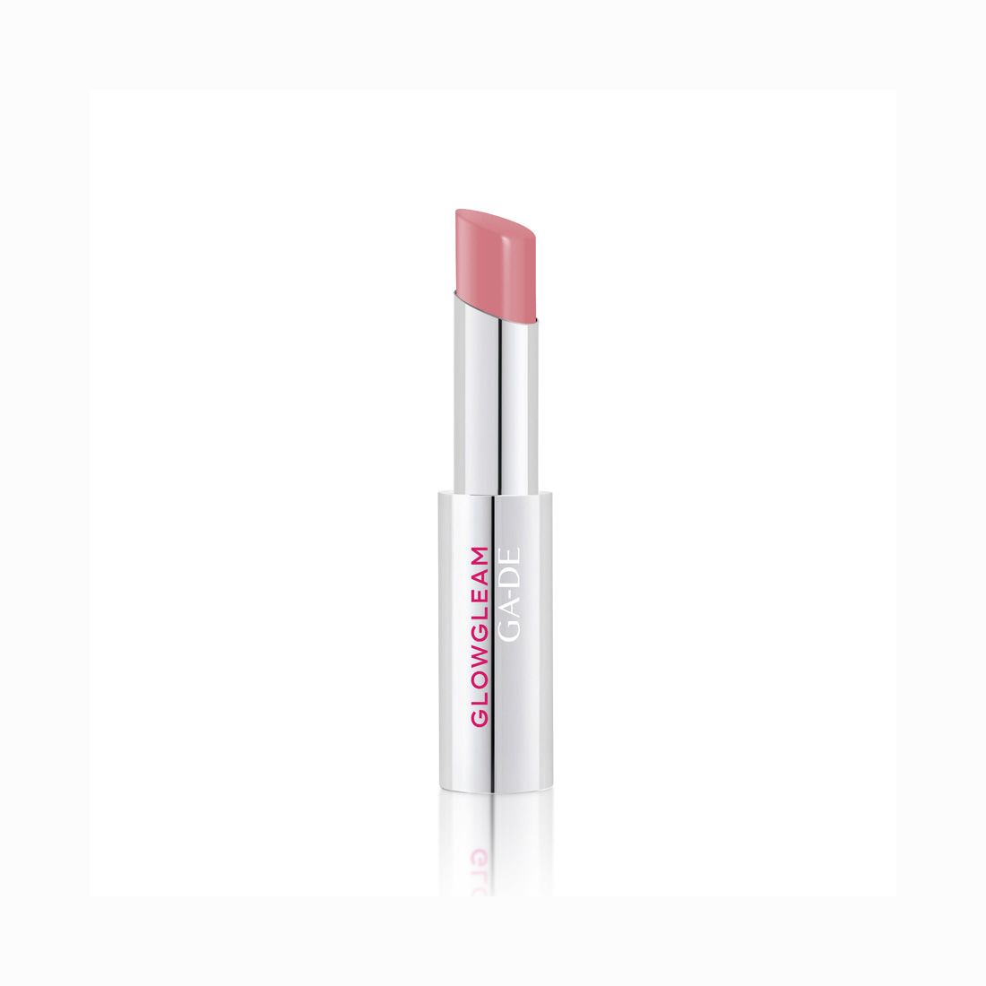 Geöffneter Lippenstift mit rosafarbenem Stift. Silberfarbene Hülse mit Aufschrift GLOWGLEAM und GA-DE.