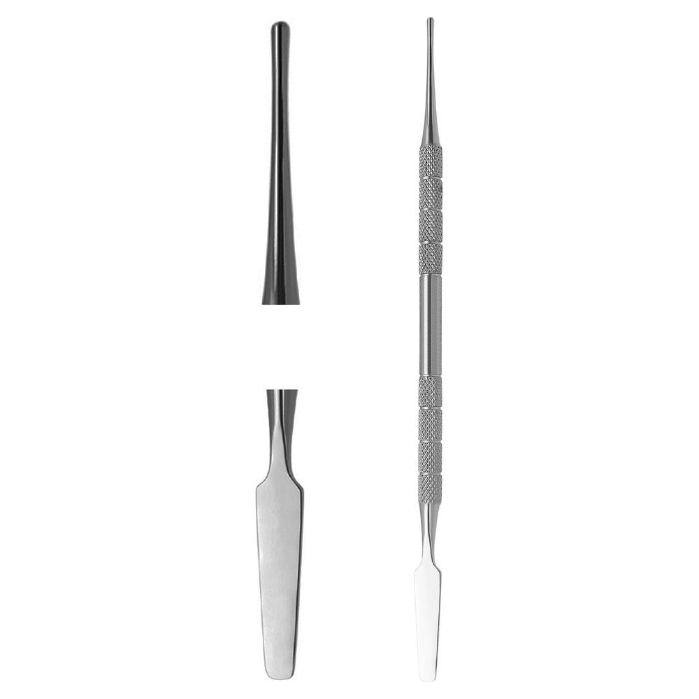 Sonde und Nagelfalzmesser. Edelstahl, geriffelte Griffe. Einzelteile: Spitze, flaches Ende, montiertes Werkzeug.