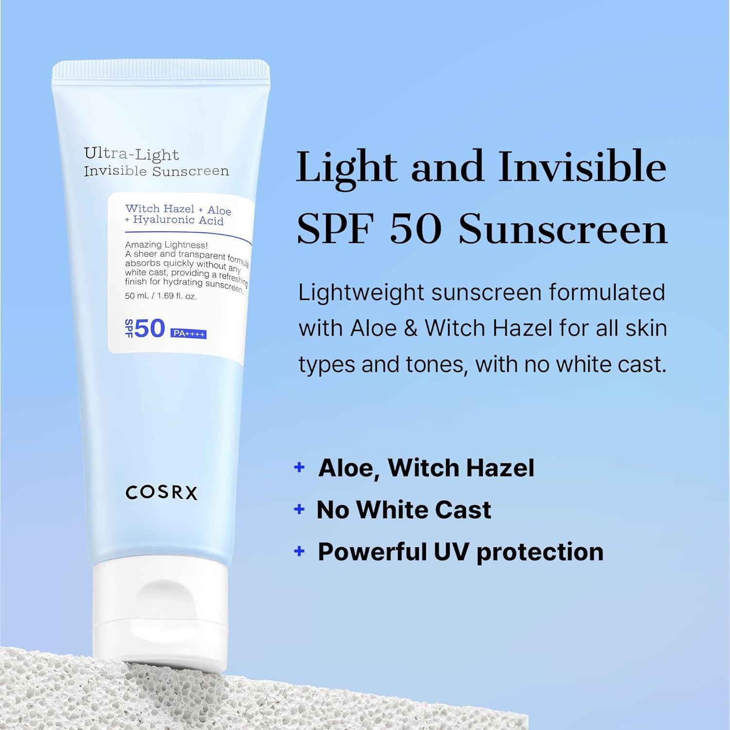Produktverpackung: Tube Ultra-Light Invisible Sunscreen SPF 50. Text: Leicht und unsichtbar. Formuliert mit Aloe & Hamamelis. Ohne Weißeffekt.