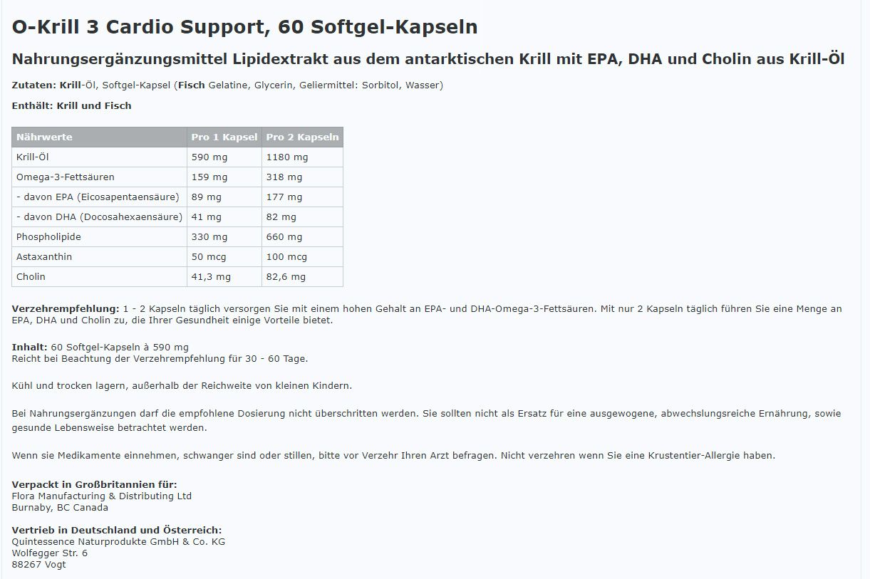 Produktverpackung von O-Krill 3 Cardio Support. Rote Schachtel mit Produktinformationen und Logo. 60 Softgel-Kapseln.