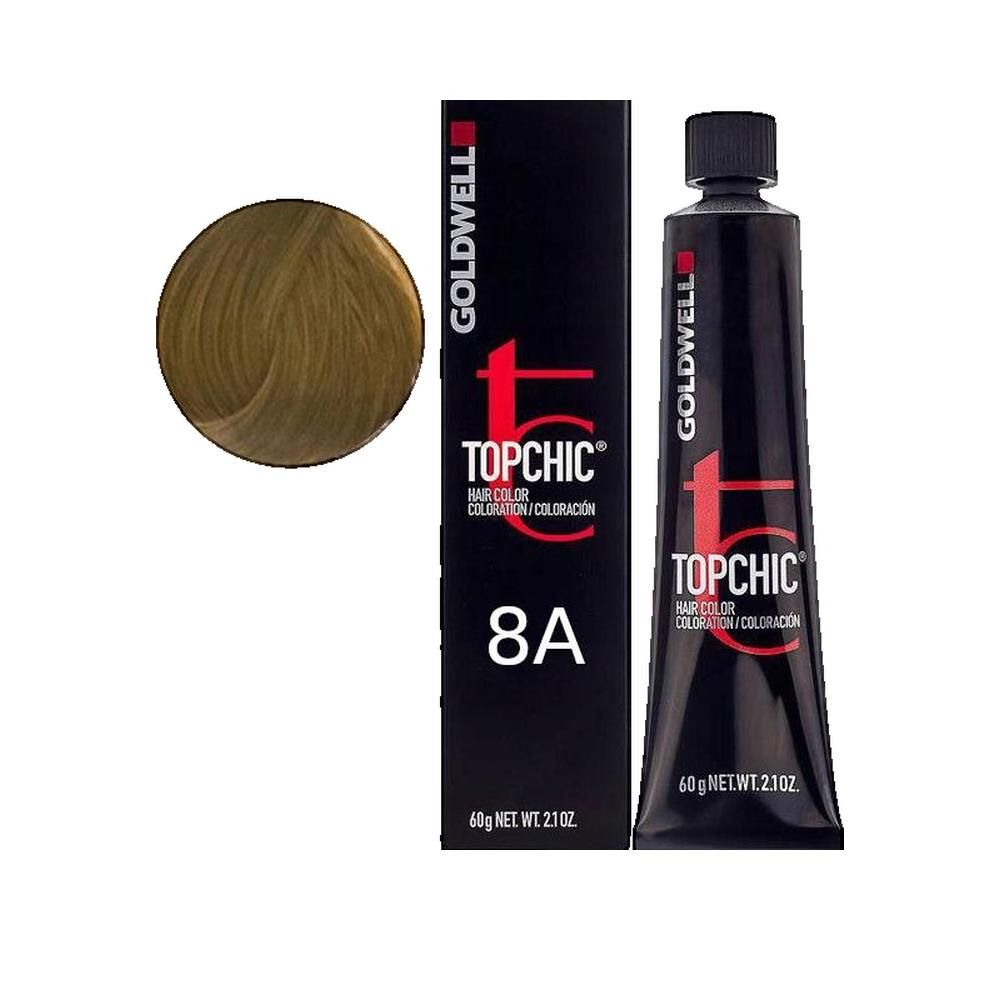 Goldwell Topchic Haarfarbe. Schwarze Tube und Schachtel. Aufgedruckte Produktbezeichnung und Farbnummer 8A. Farbprobe in Blond.