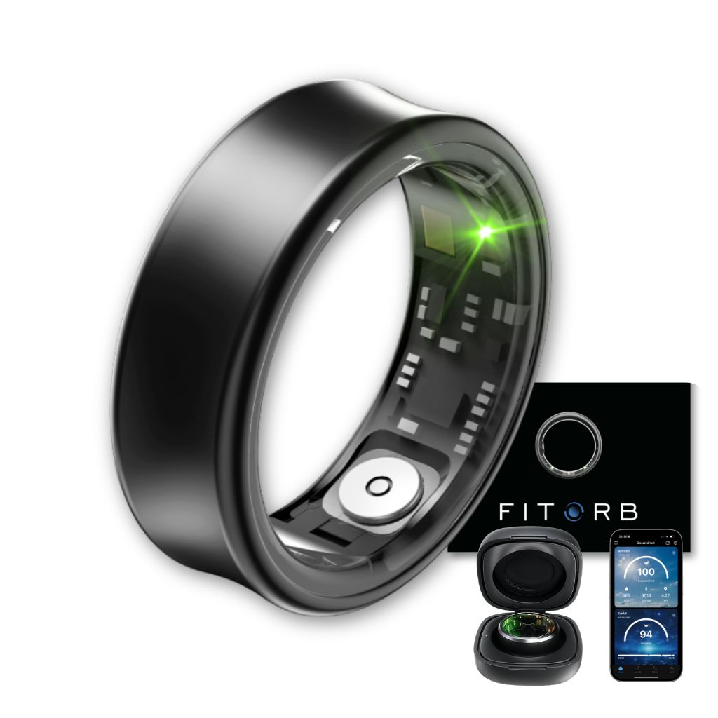 Schwarzer Ring mit grüner LED. Zubehör: Ladestation, Ladecase, Smartphone mit App-Anzeige. Marke: FITORB.