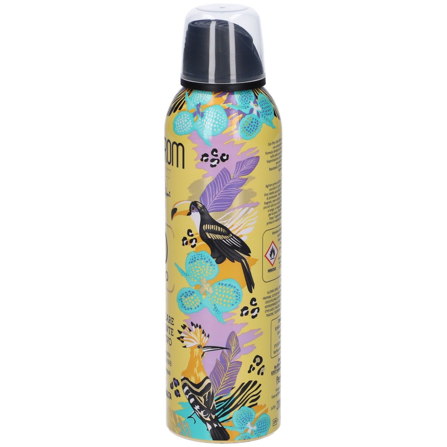 Bomboletta spray gialla con motivi floreali e uccelli. Tappo nero. Testo: Angstrom, SPF50, Spray Solare Trasparente. Protezione.