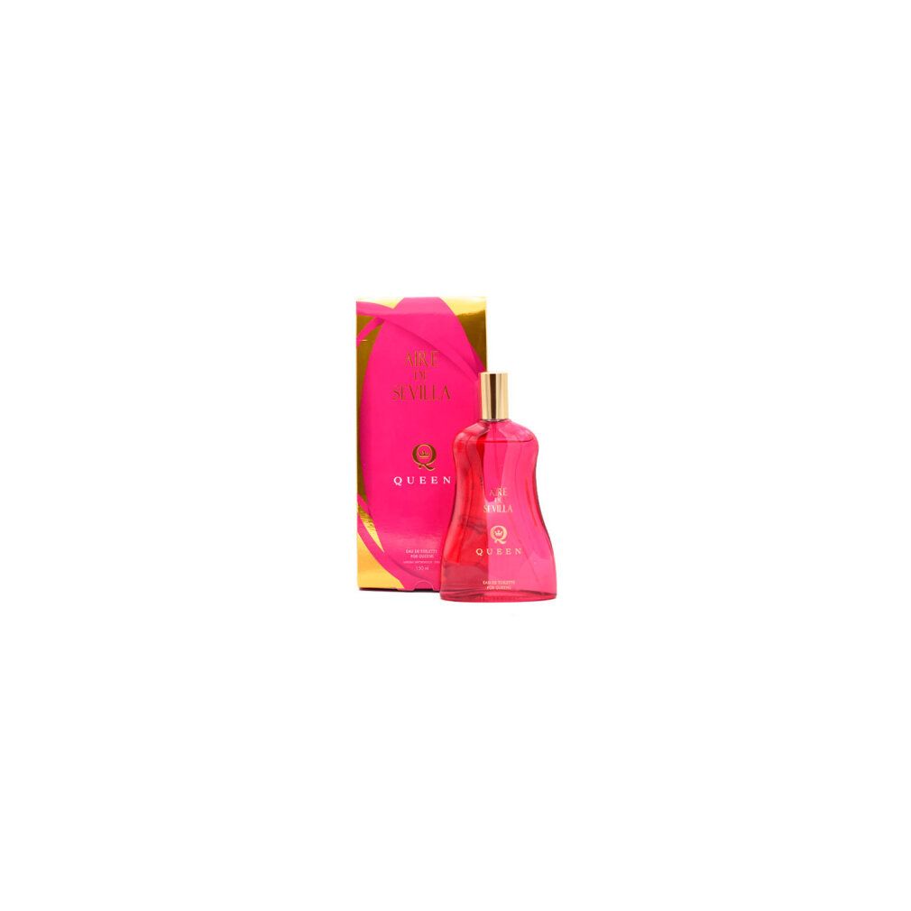 Rosa Flakon mit goldfarbenem Verschluss und Verpackung. Aufschrift QUEEN. Flakon und Verpackung stehen nebeneinander.