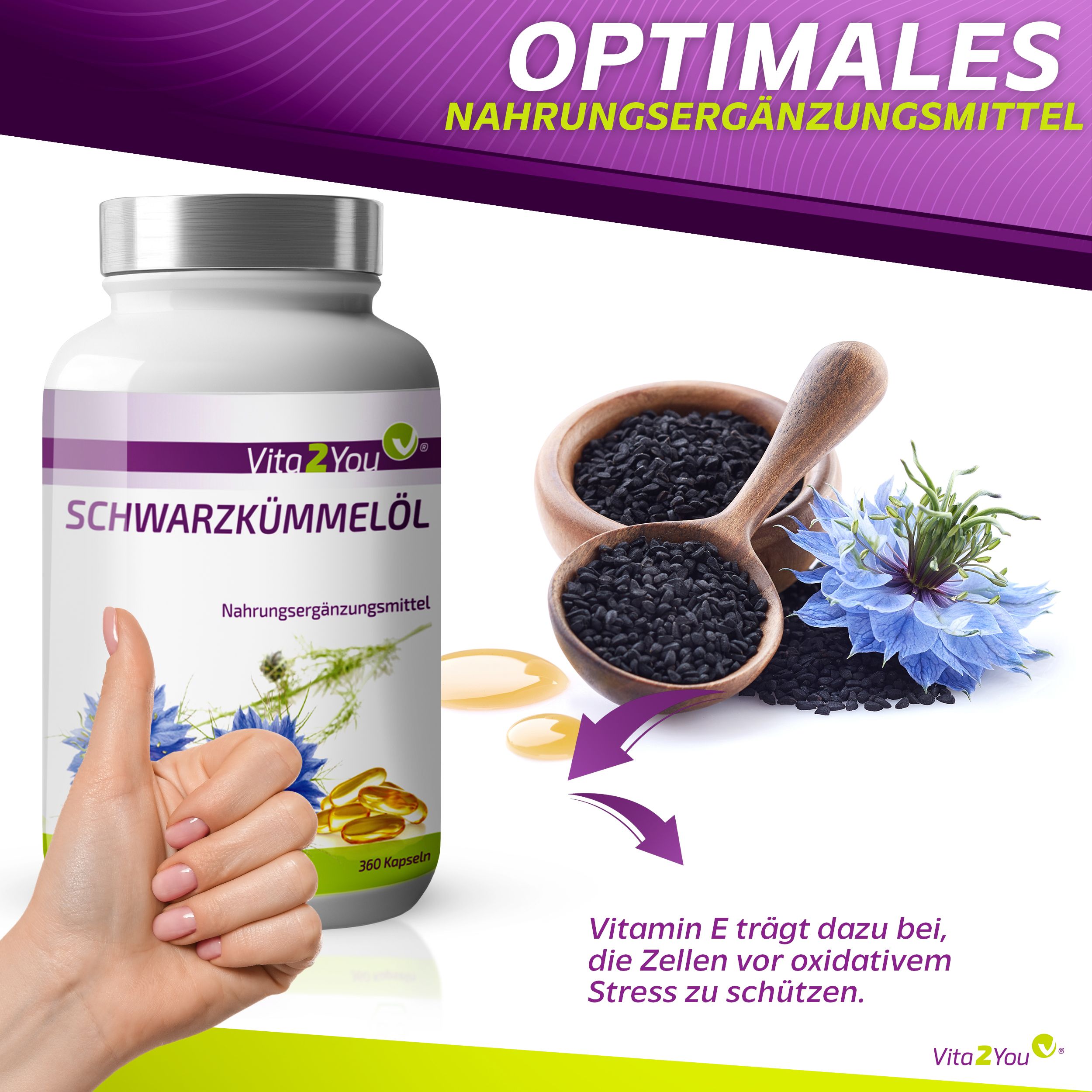 Weiße Flasche mit Schwarzkümmelöl Kapseln. Daneben Samen, Holzschale, blaue Blume. Hand zeigt Daumen hoch.