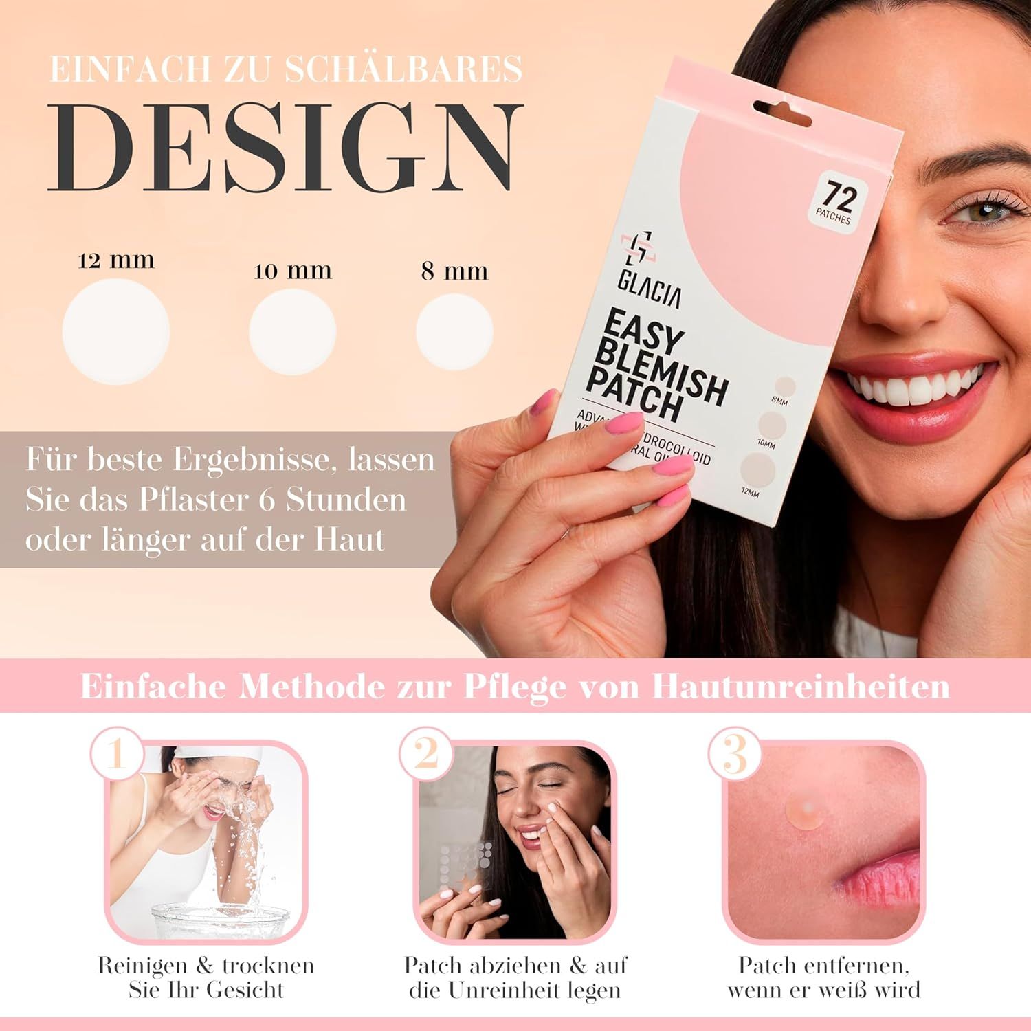 Glacia Easy Blemish Patch Packung. Enthält 72 Pflaster. Größen: 8mm, 10mm, 12mm. Anwendungsschritte: Reinigen, auftragen, entfernen.