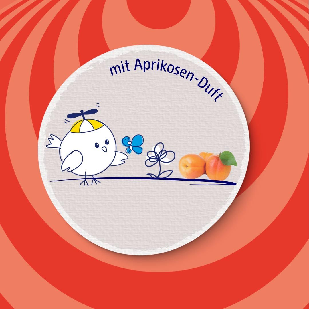 Autocollant rond avec illustration. Texte: mit Aprikosen-Duft. Dessin: oiseau avec fleur et abricots.