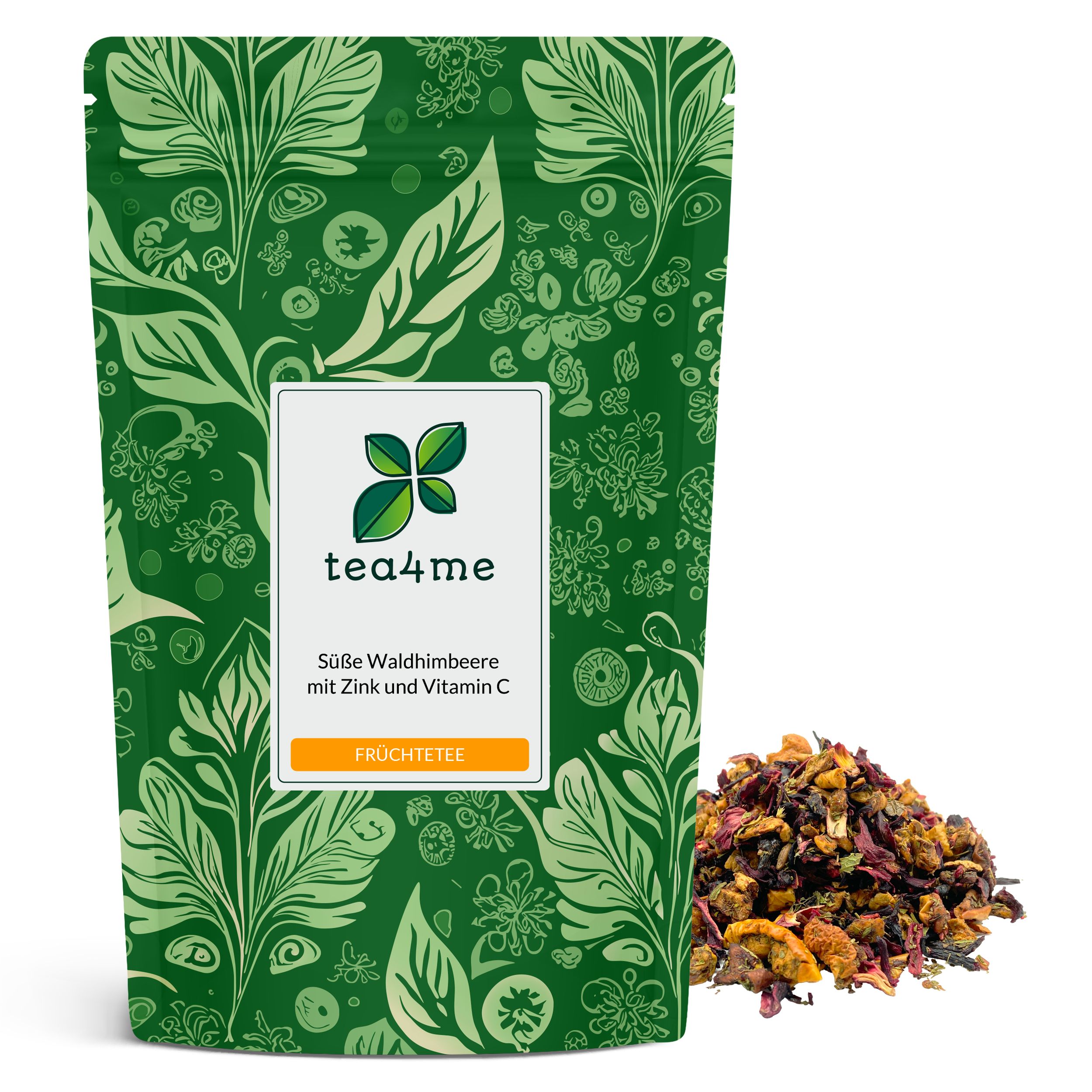 Grüne Verpackung mit floralem Muster. Aufdruck: tea4me Süße Waldhimbeere Früchtetee mit Zink und Vitamin C. Daneben loser Früchtetee.