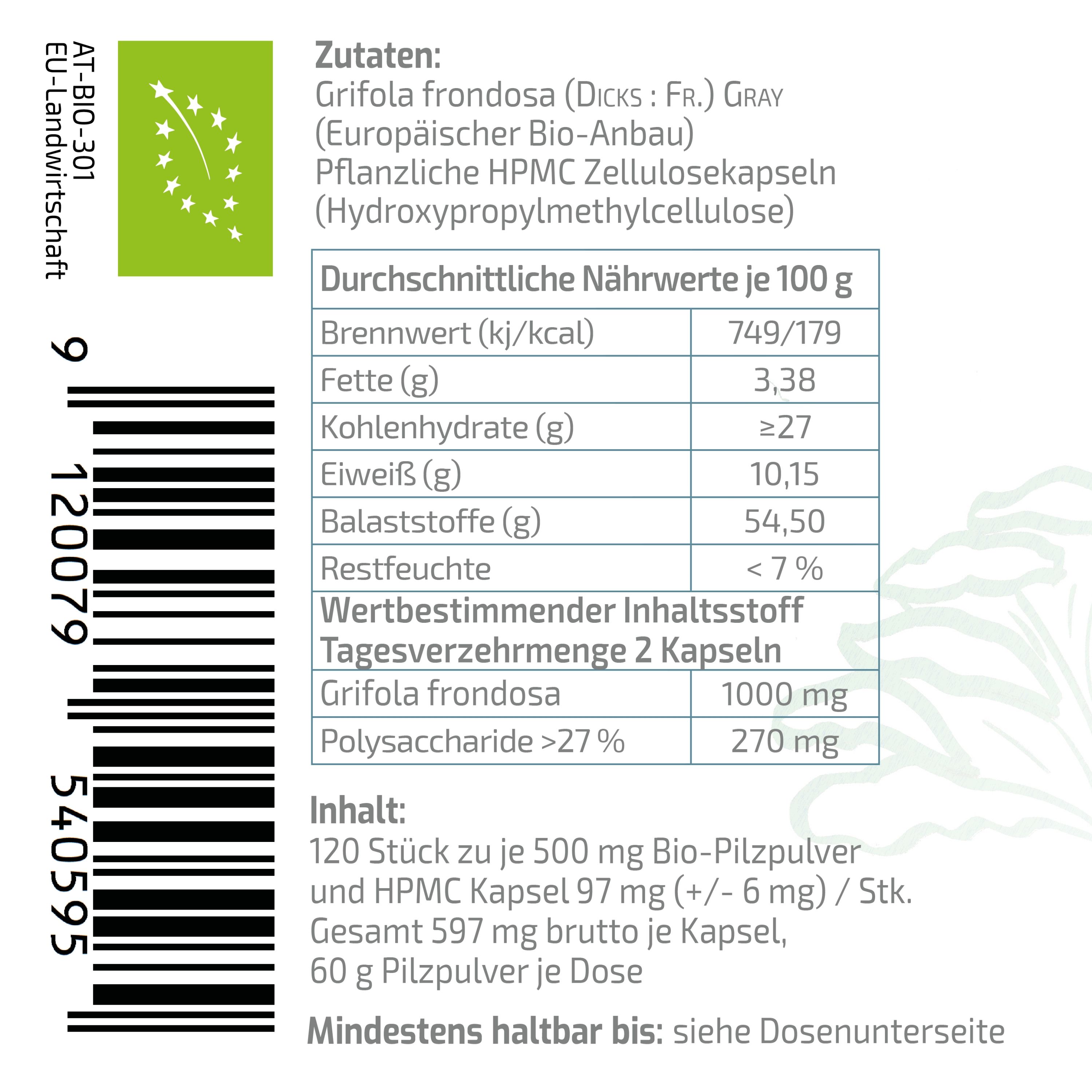 BEAUVITAL® Pure Bio Maitake Kapseln, Klapperschwamm (Grifola Frondosa) aus EU-Anbau