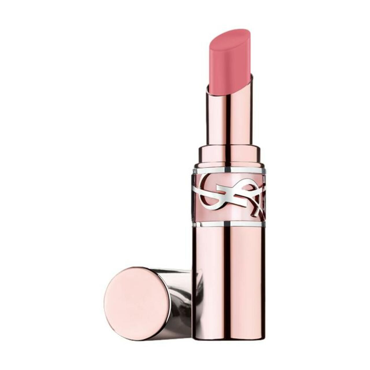 Ein rosafarbener Lippenstift mit goldenem Gehäuse und silbernem Ring mit Logo.