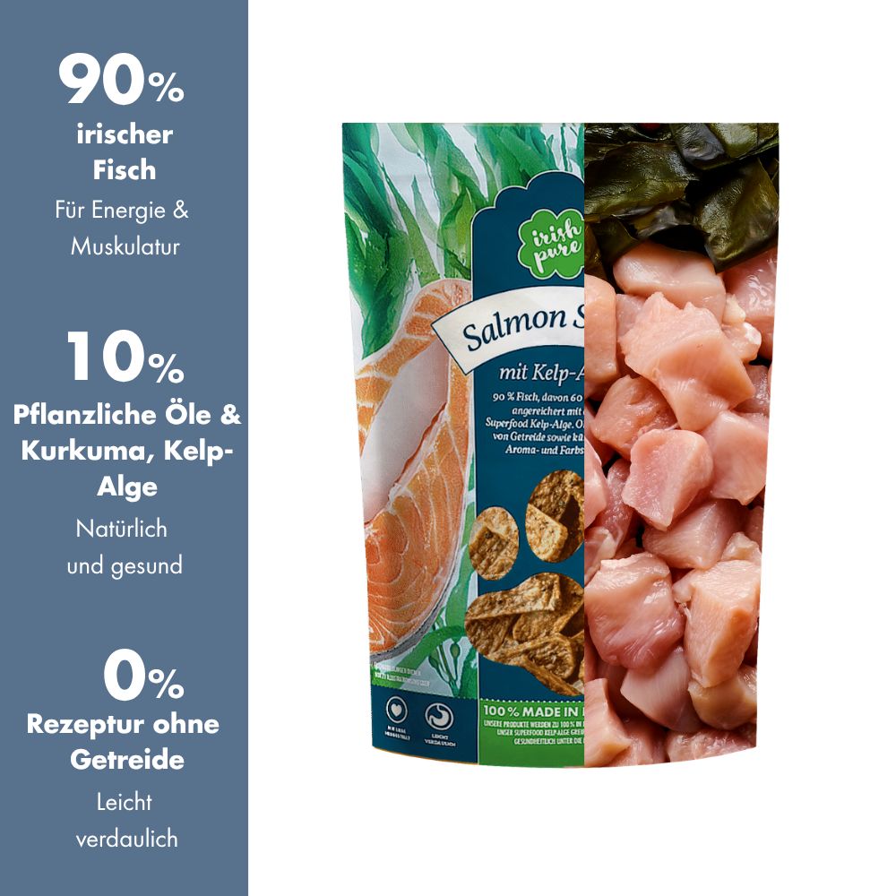 Hundefutter-Leckerli "Salmon Strips mit Kelp-Alge" von Irish Pure, 90% Fisch, getreidefrei.