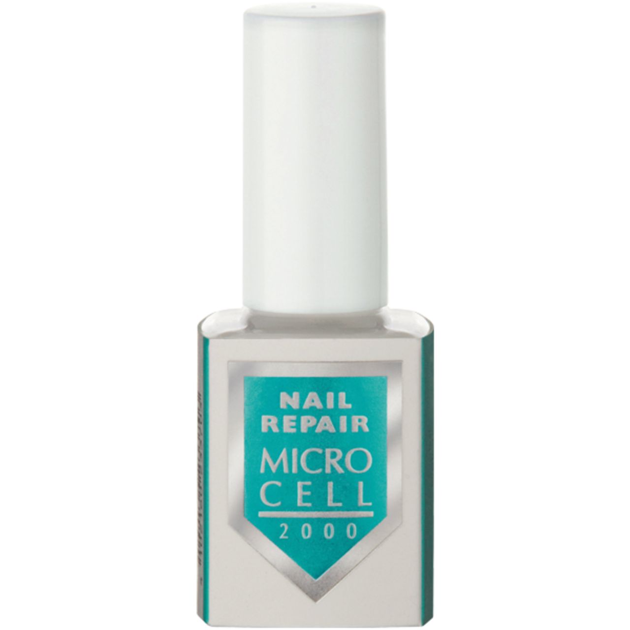 Klare Flasche mit weißem Deckel. Auf dem Etikett steht "Nail Repair MICRO CELL 2000".