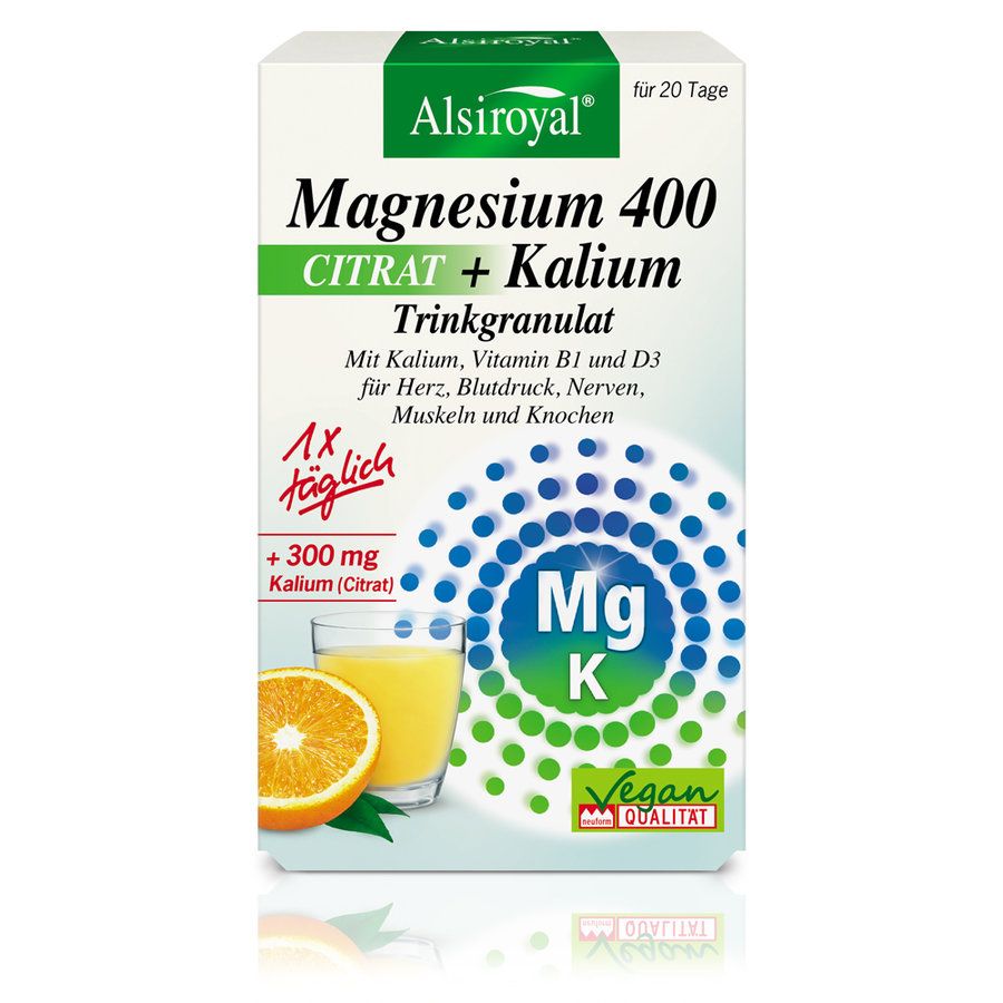 Verpackung von Alsiroyal Magnesium 400 CITRAT + Kalium Trinkgranulat. Enthält Kalium, Vitamin B1 und D3. Vegan.