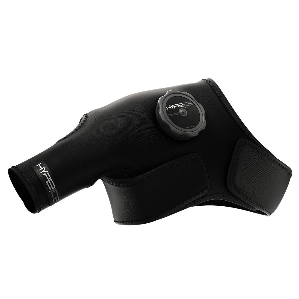 Schwarzer Hyperice Venom Massagegurt. Mit Drehknopf und Hyperice-Logo. Für Schulter oder Arm.