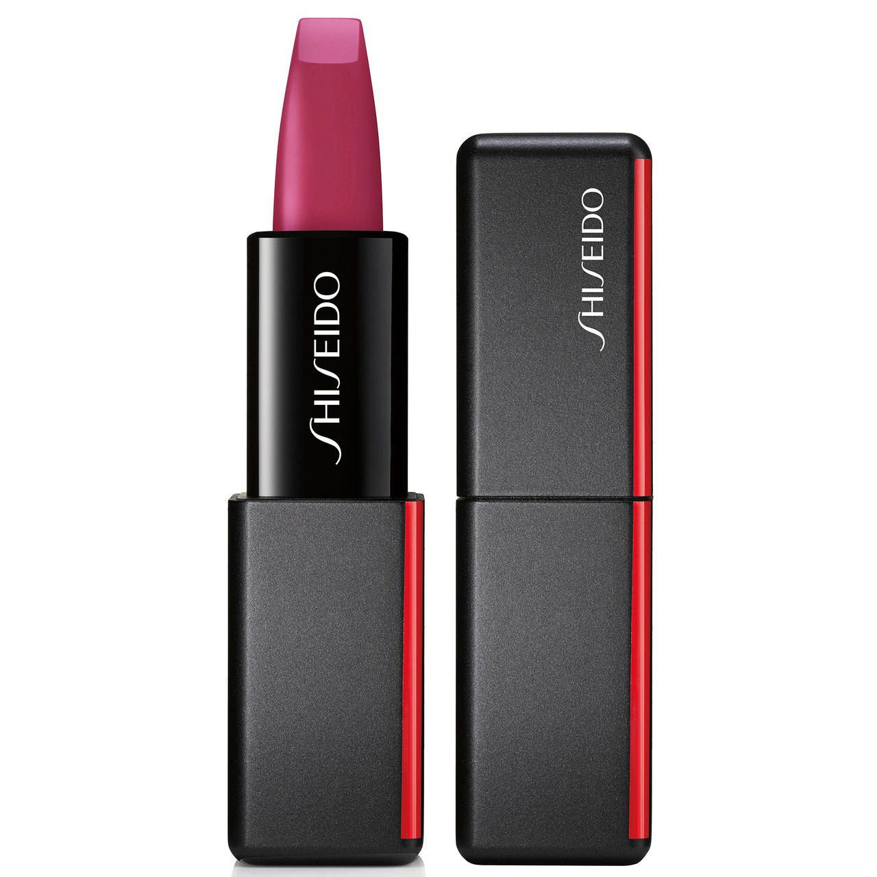 Lippenstift in Schwarz mit roter Akzentlinie. Geöffneter Lippenstift mit pinker Spitze. Marke: Shiseido.