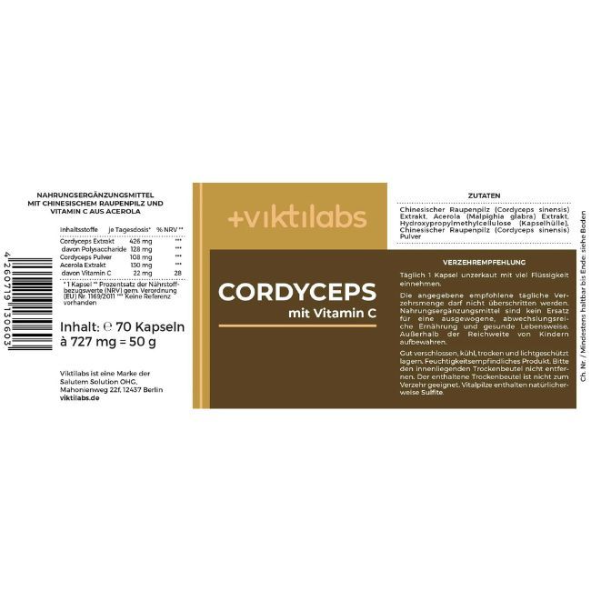 Produktetikett mit Inhaltsstoffen und Verzehrempfehlung. Aufschrift: Cordyceps mit Vitamin C. Marke: Viktilabs.