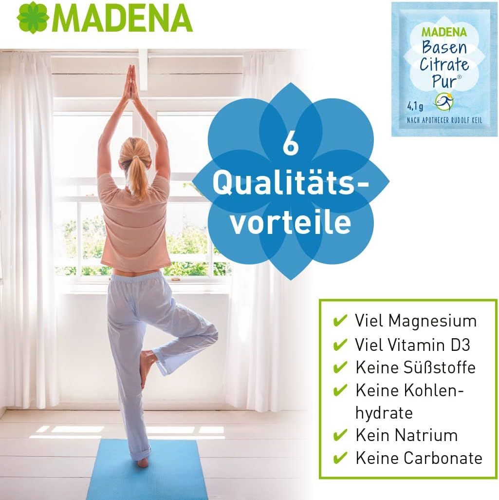 Frau macht Yoga. Ein Beutel MADENA Basen Citrate Pur ist im Bild. Text: 6 Qualitätsvorteile. Auflistung von Vorteilen.