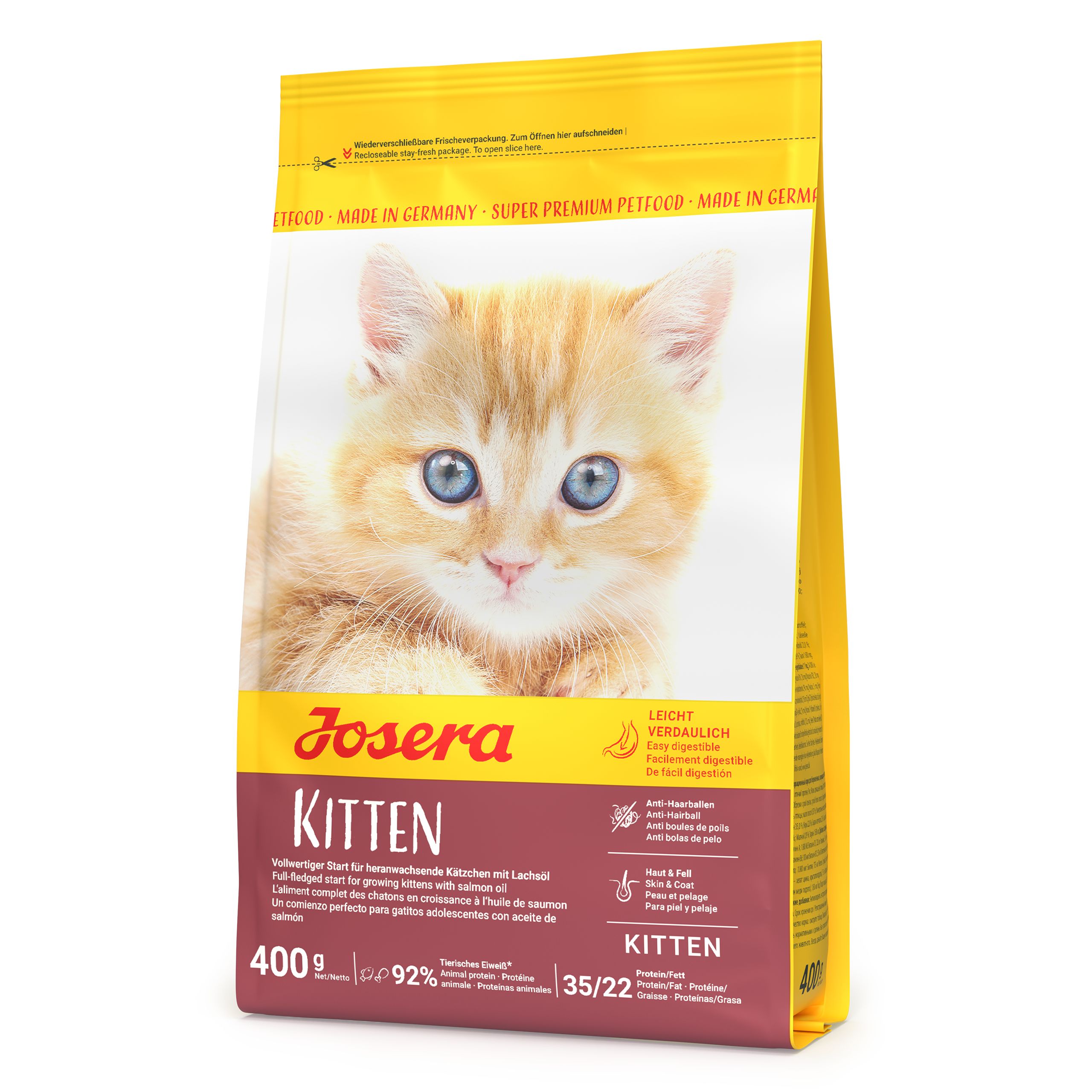 Josera Kitten Futterpackung mit einem Kätzchenbild. Enthält 400g. Leicht verdaulich, Anti-Haarballen, Haut & Fell.