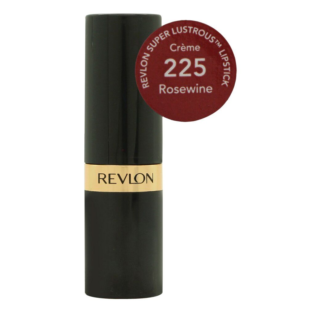 Geschlossener Lippenstift. Schwarzer Stift mit goldfarbenem Mittelteil. Revlon-Logo. Farbkreis mit Farbton.