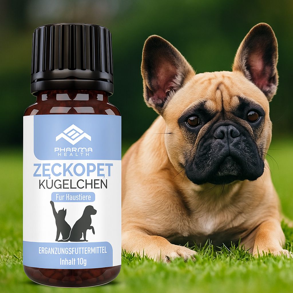 Braune Glasflasche mit schwarzem Deckel neben einem Hund. Aufkleber mit Logo, Text: Zeckopet Kügelchen, Für Haustiere, Ergänzungsfuttermittel, Inhalt 10g.