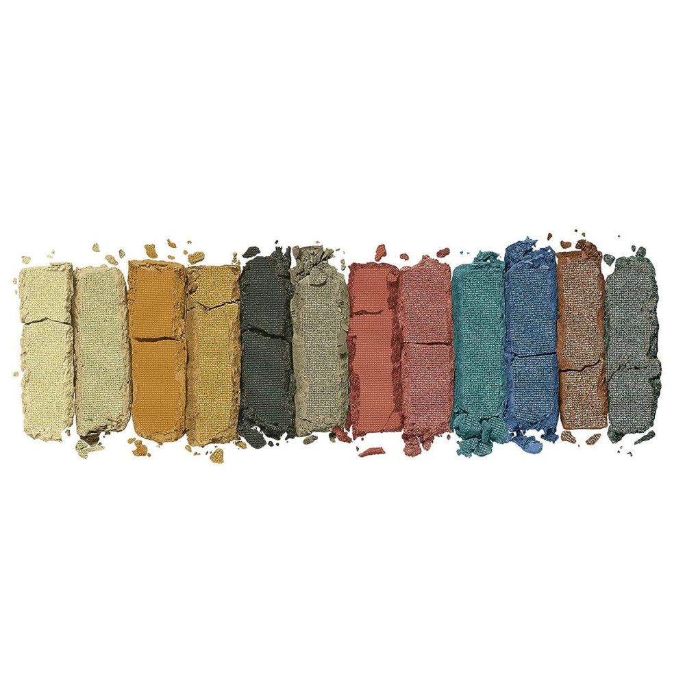 12 Lidschattenfarben in einer Reihe. Verschiedene Farbtöne, von hell bis dunkel. Produktname nicht sichtbar.