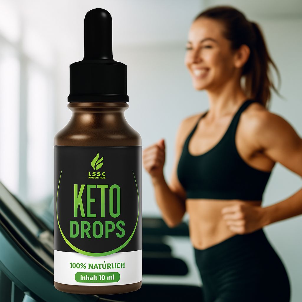 Braune Flasche mit schwarzem Deckel und Pipette. Frau läuft auf Laufband. Etikett mit "KETO DROPS".