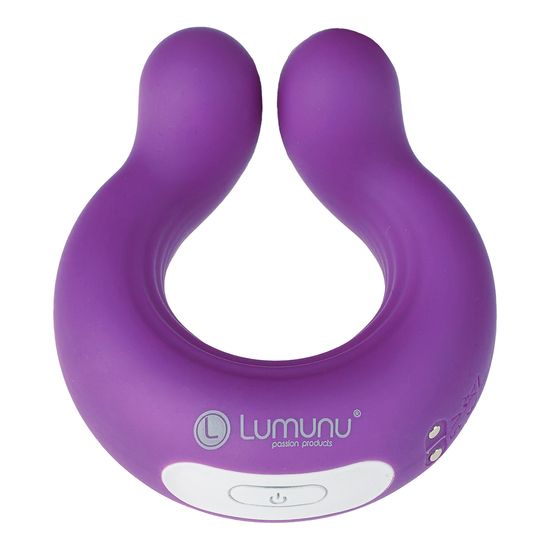 Lila Vibrator-Ring mit abgerundeten Enden und weißem Bedienfeld. Logo und Schriftzug "Lumunu passion products".