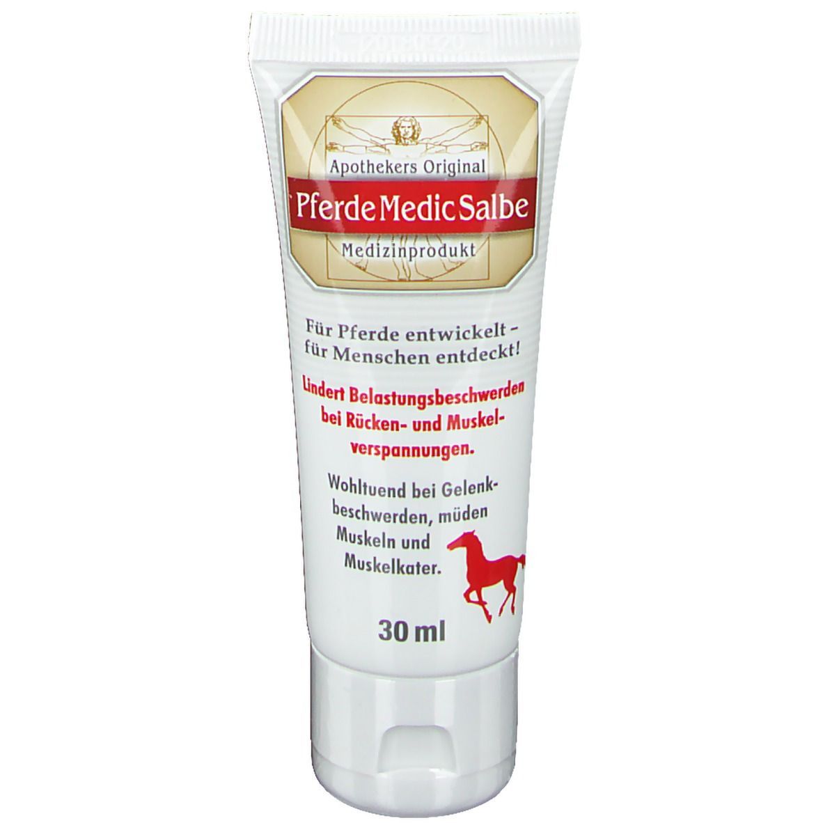 Tube Apothekers Original PferdeMedicSalbe, 30 ml. Rotes Pferd-Logo. Medizinprodukt. Text: Für Pferde entwickelt - für Menschen entdeckt!