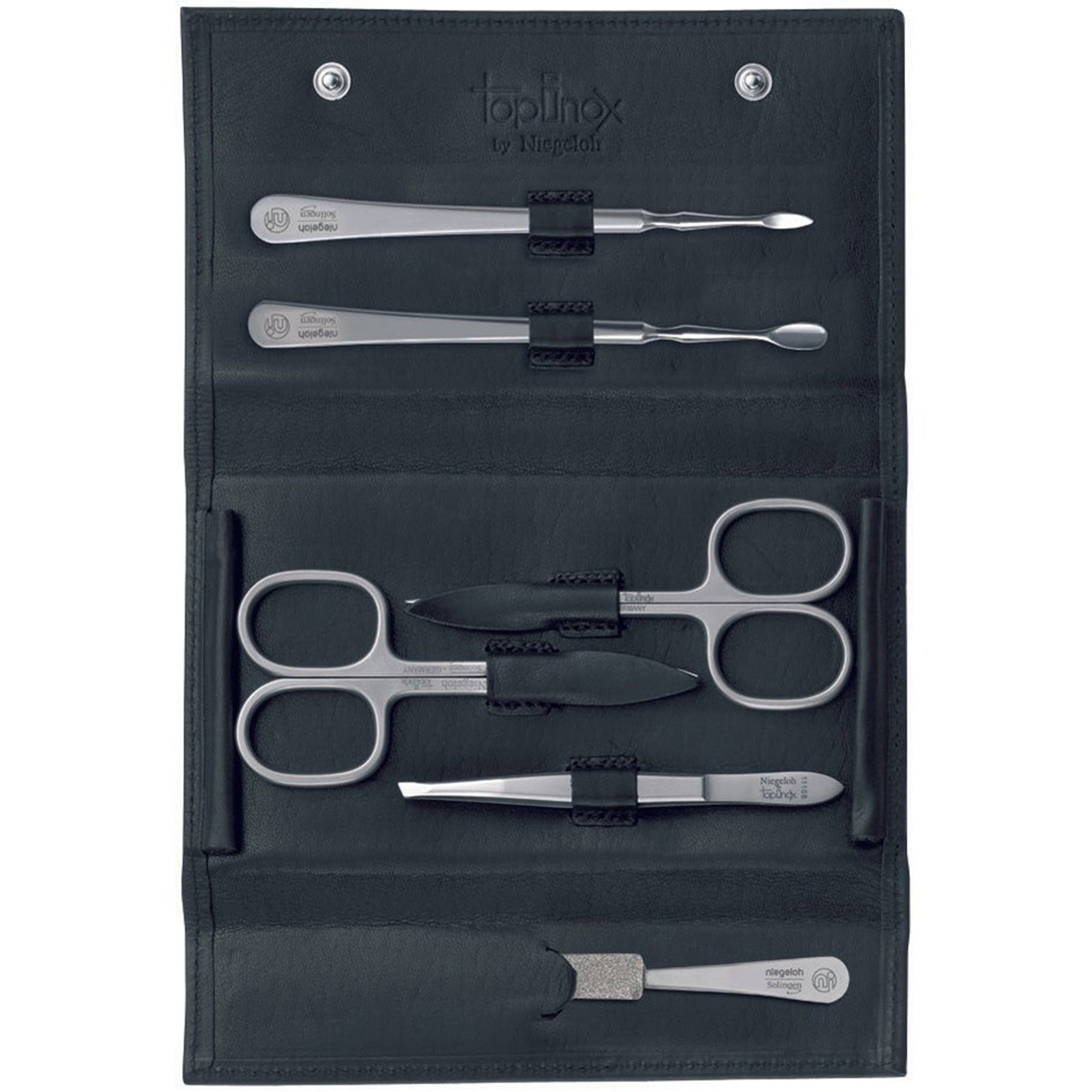 Schwarzes Etui mit Maniküre-Werkzeugen. Enthält Nagelscheren, Pinzette, Hufstäbchen und Werkzeuge. Topinox-Logo sichtbar.