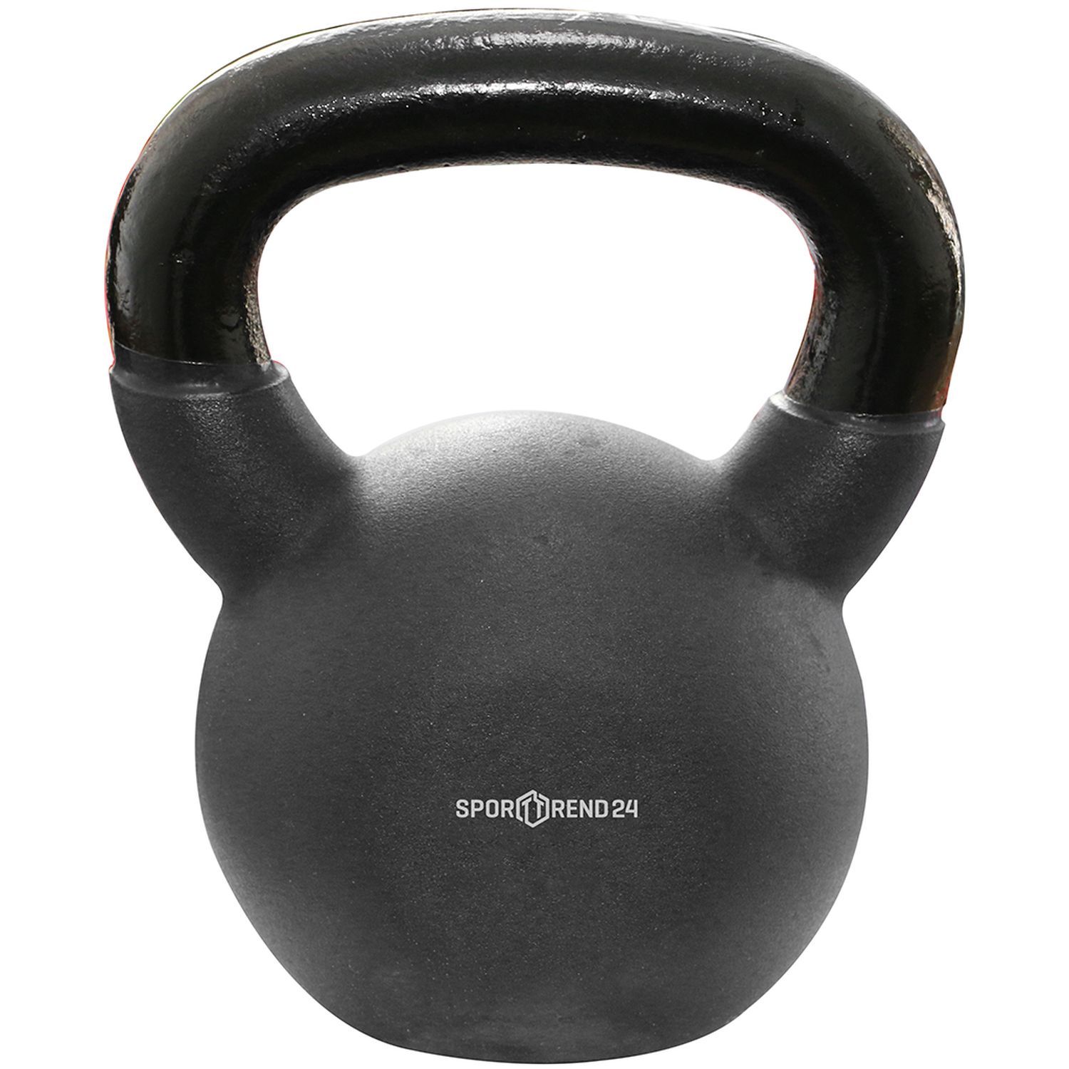 Schwarze Kettlebell mit schwarzem Griff. Sporttrend24-Logo. Kugelförmiger Körper mit Griff.