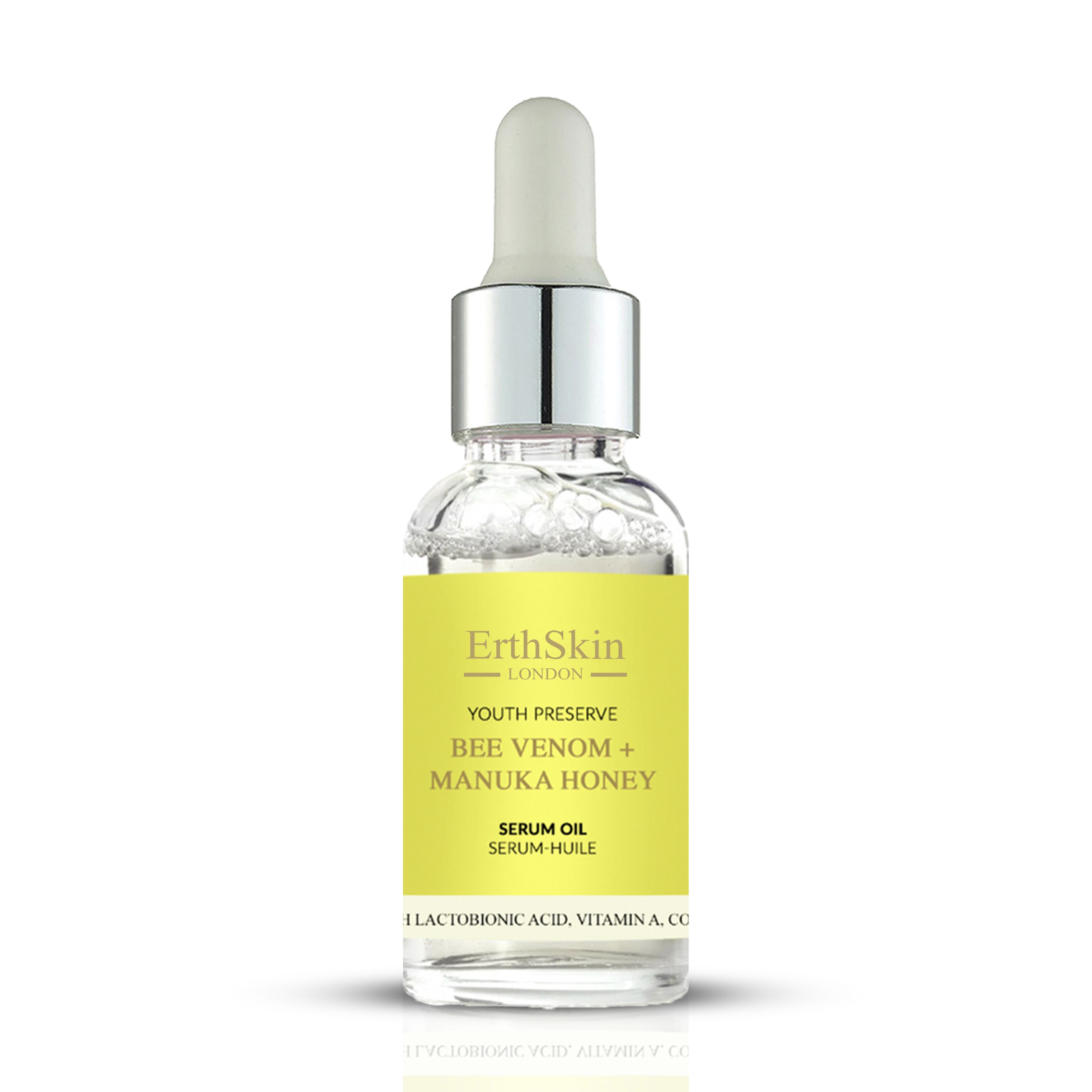 ErthSkin London Serumflasche mit gelbem Etikett. Enthält Bienenvenen und Manuka-Honig. Mit Pipette.