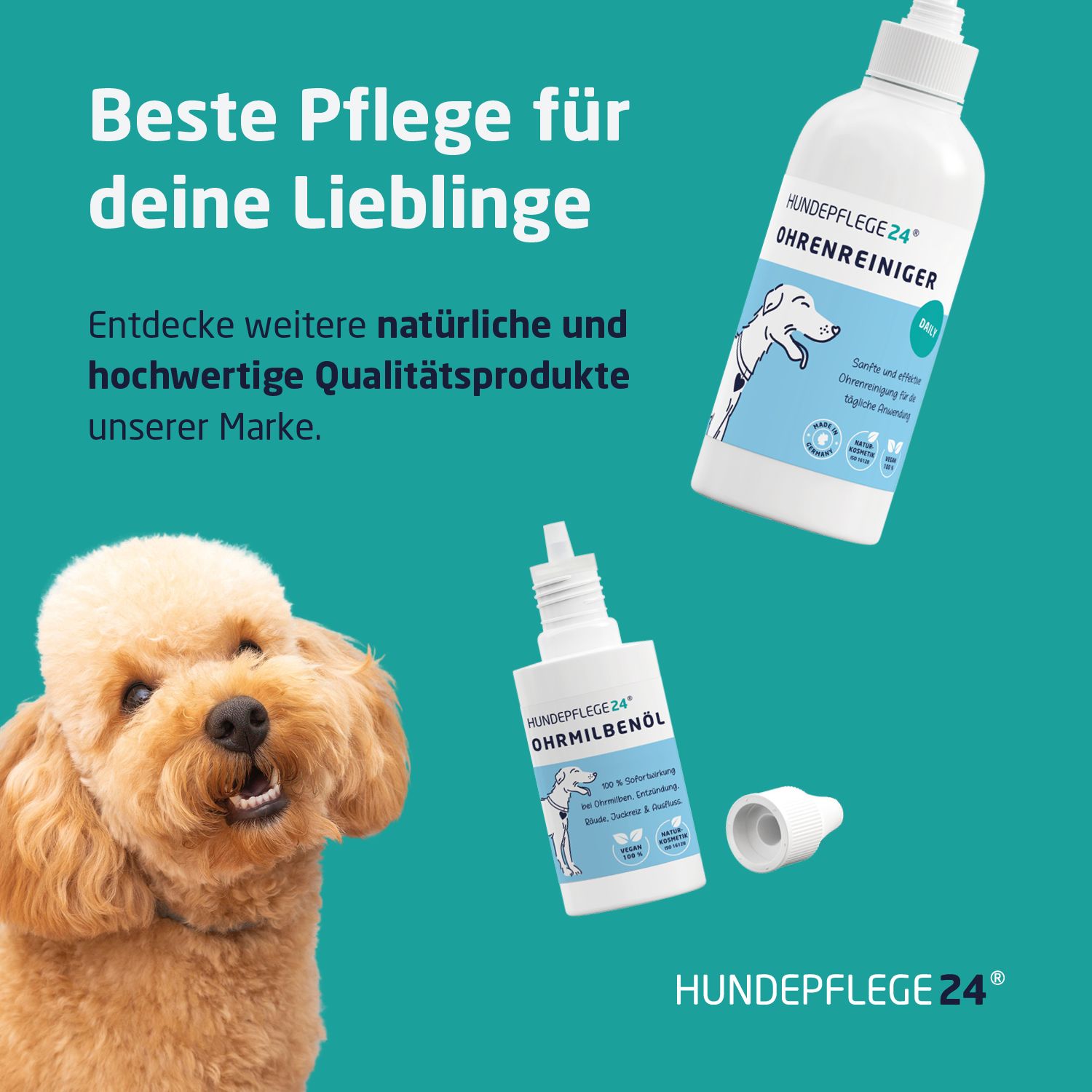 Produktabbildung mit Text und Hund. Text: Beste Pflege für deine Lieblinge. Ohrenreiniger und Ohrmilbenöl.