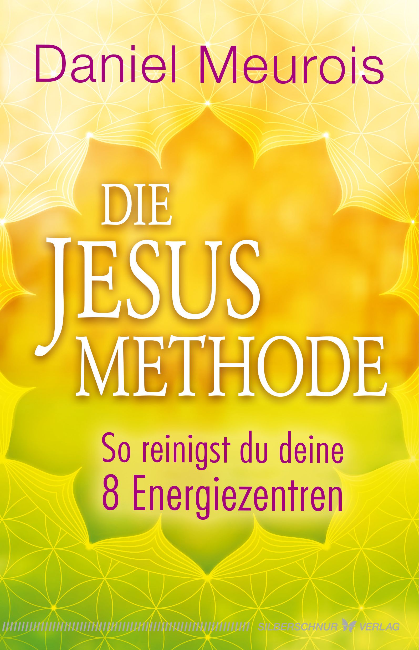 Buchcover mit Titel "Die Jesus Methode" und Autor Daniel Meurois. Gelb-grüner Hintergrund mit floralem Muster. Verlagssignet unten rechts.