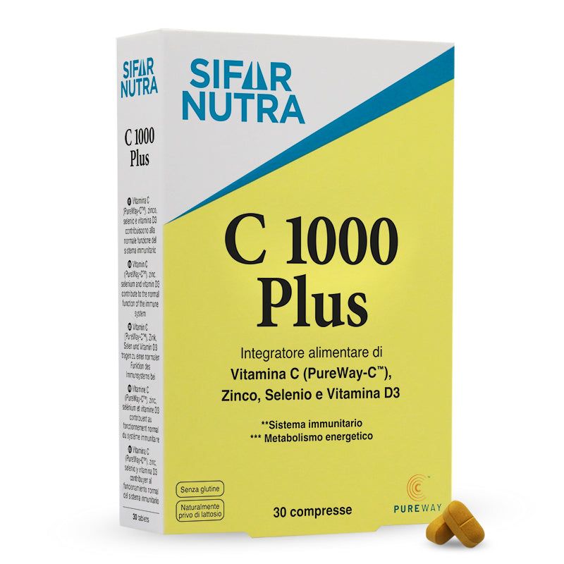 Gelbe Schachtel mit "Sifar Nutra C 1000 Plus". Enthält Tabletten. Text: Vitamin C, Zink, Selen, Vitamin D3. 30 Tabletten.