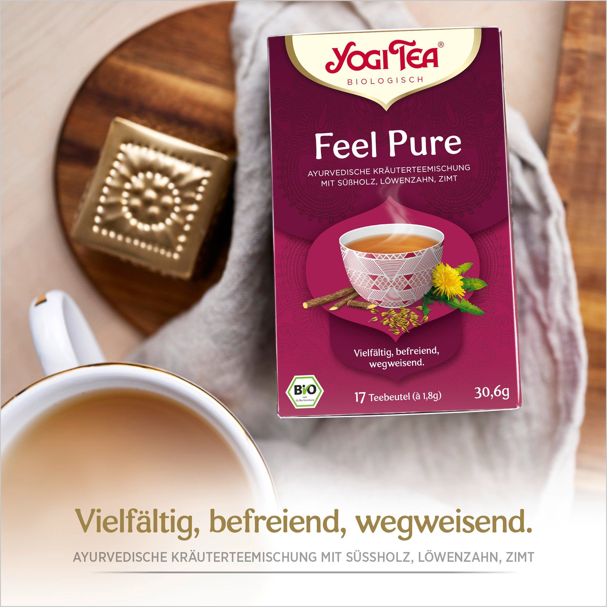 Kräutertee-Packung auf Holzuntergrund. Lila Verpackung mit Logo und Produktbezeichnung. Bio-Siegel. 17 Teebeutel.