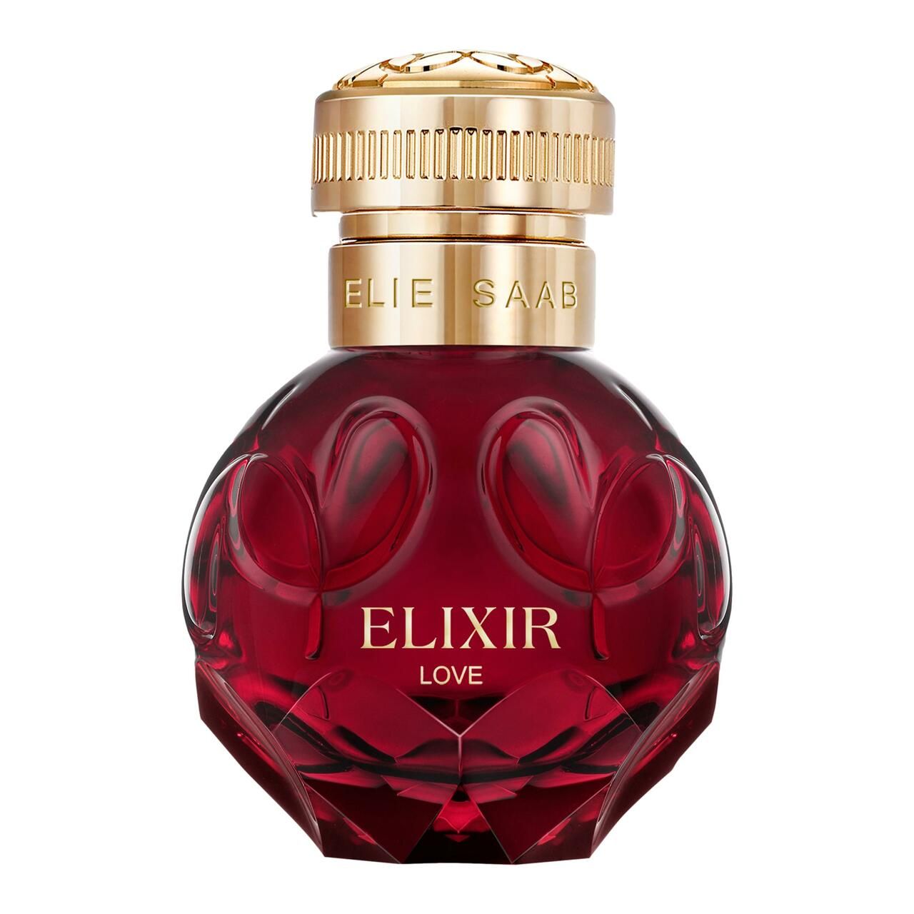 ELIE SAAB ELIXIR LOVE Eau de Parfum Flakon. Runder, roter Flakon mit goldenem Verschluss. Aufschrift: ELIXIR LOVE.