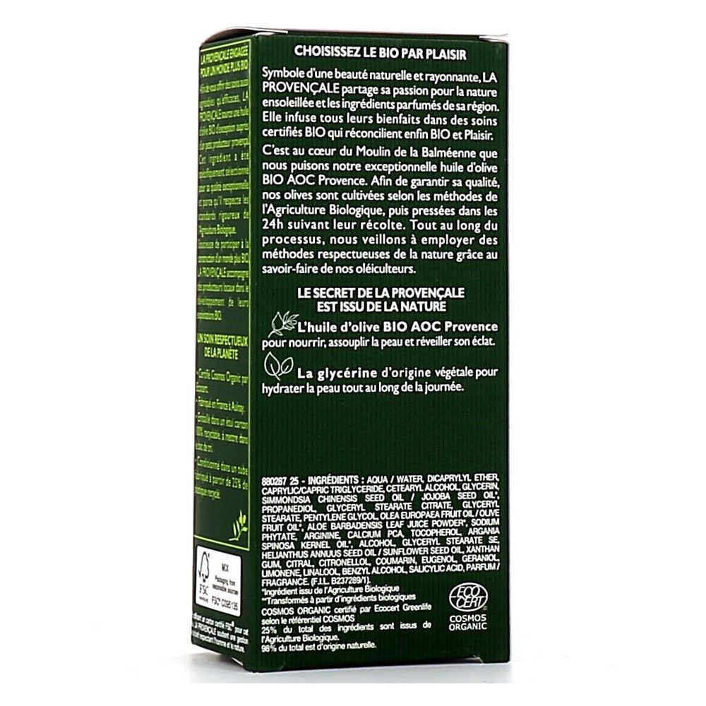 Grüne Verpackung, Rückseite. Text: La Provençale, Inhaltsstoffe, Bio-Zertifizierung, COSMOS ORGANIC. Text in Französisch.