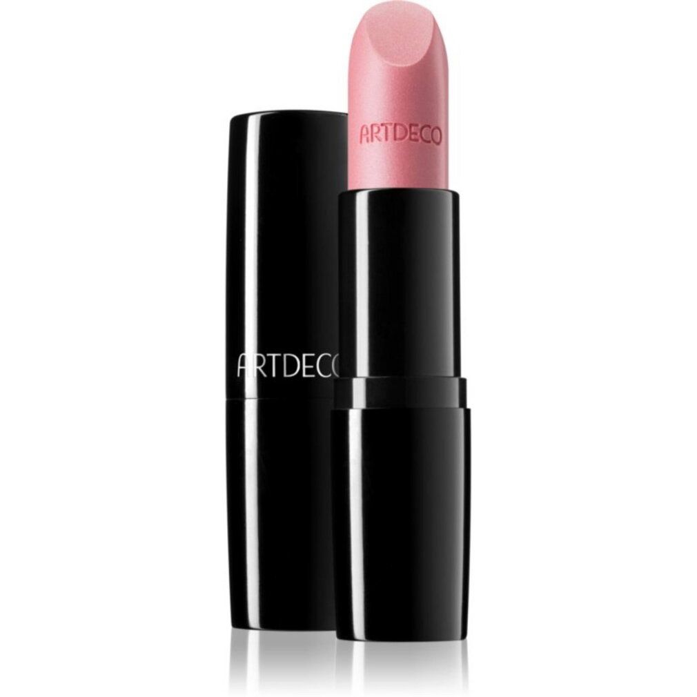 Artdeco Perfect Color Lipstick in zartrosa. Schwarzer Behälter mit aufgesteckter Kappe.