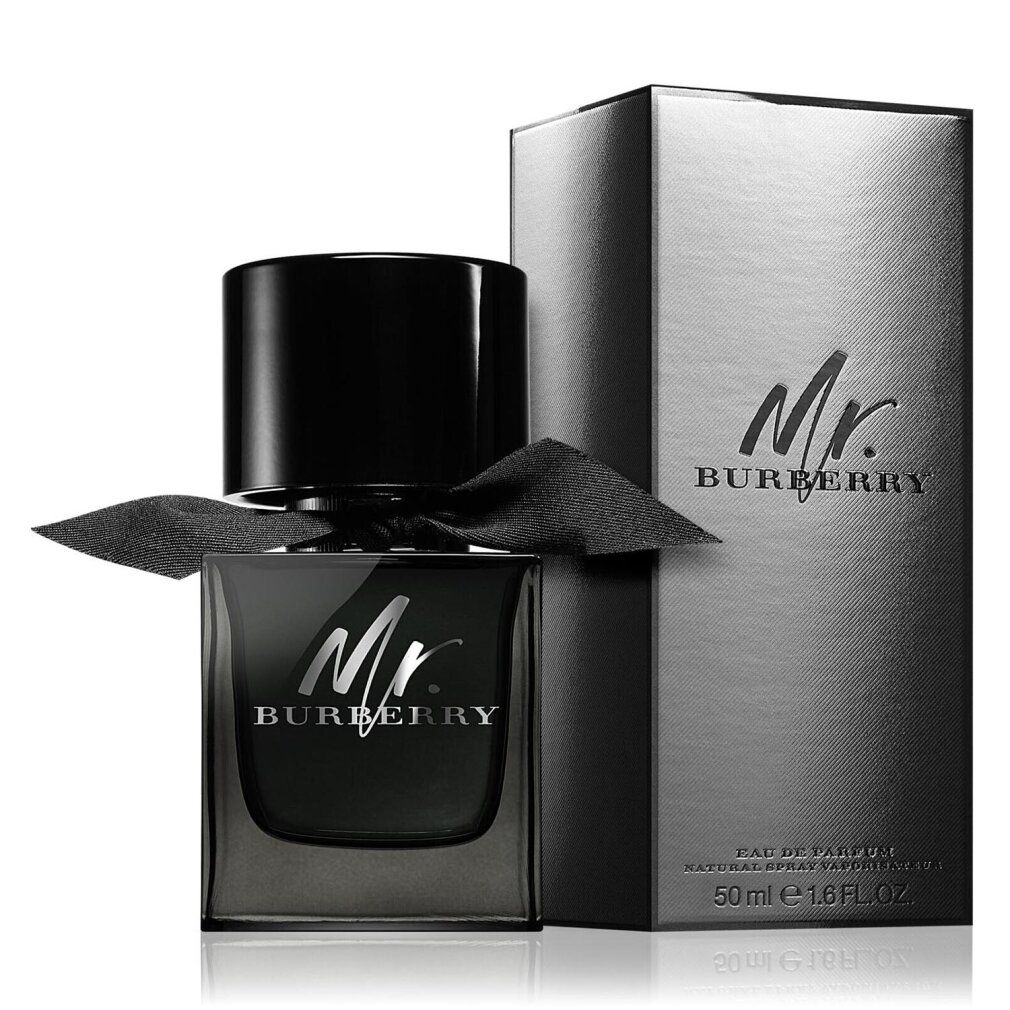 Mr. Burberry Eau de Parfum Flakon mit schwarzer Schleife und silberner Box.