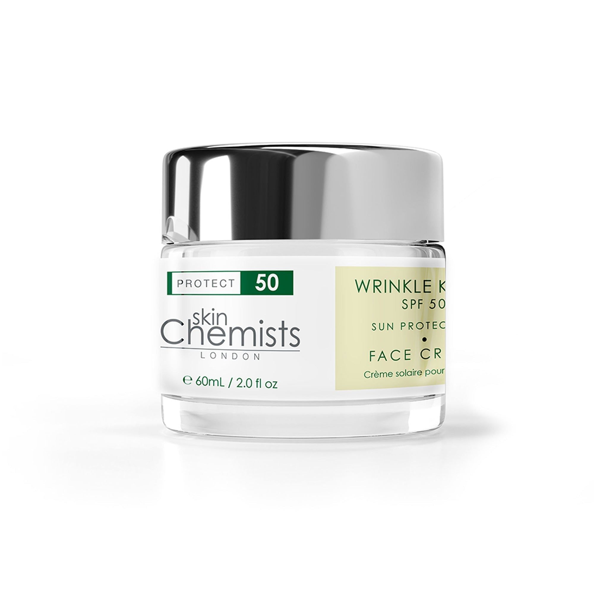 Creme-Tiegel mit silbernem Deckel. Aufschrift: Protect 50, Skin Chemists London, Face Crème solaire pour.