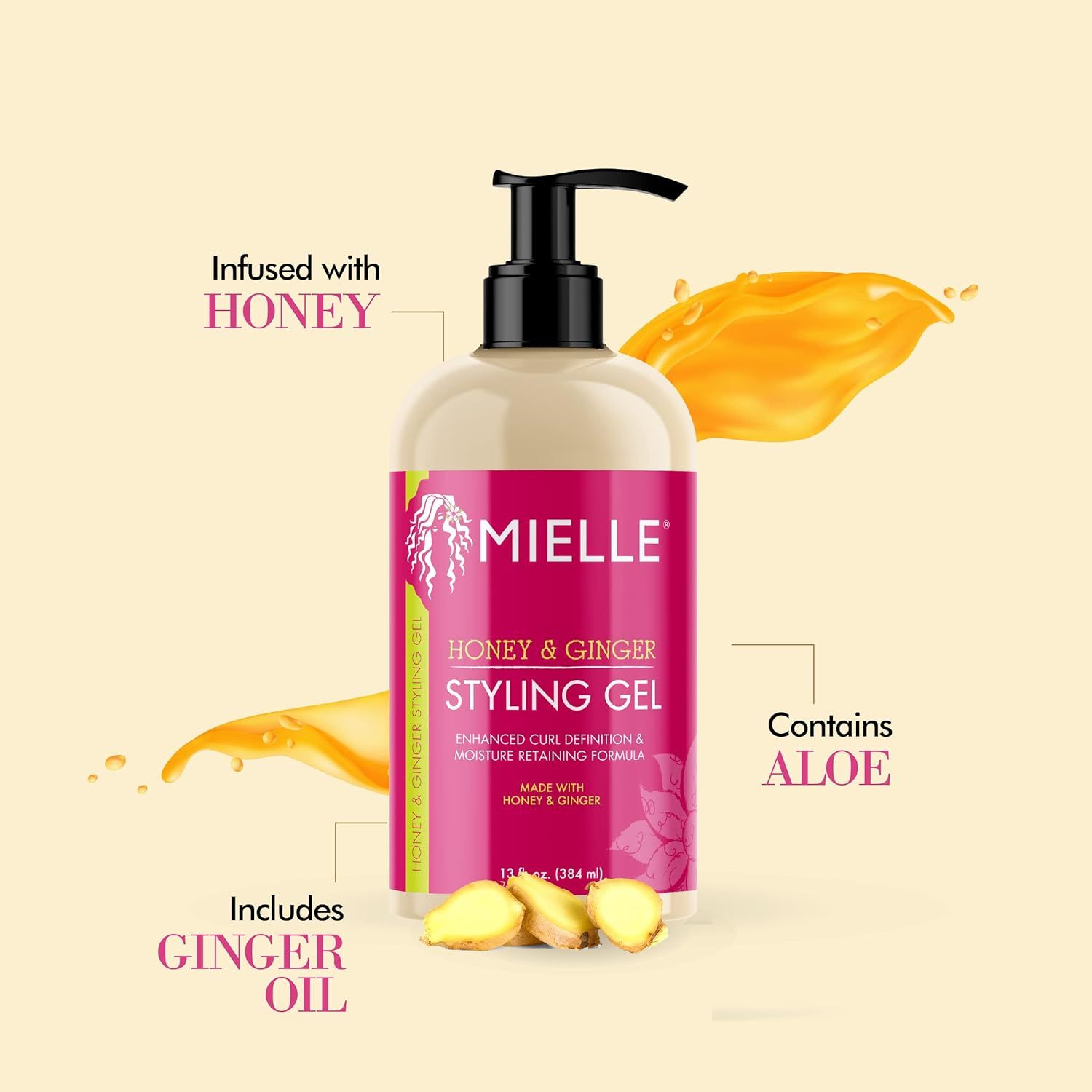 Mielle Honey & Ginger Styling Gel. Flasche mit Pumpe. Rosa Etikett. Enthält Aloe, Ingweröl, Honig. 13 fl. oz.