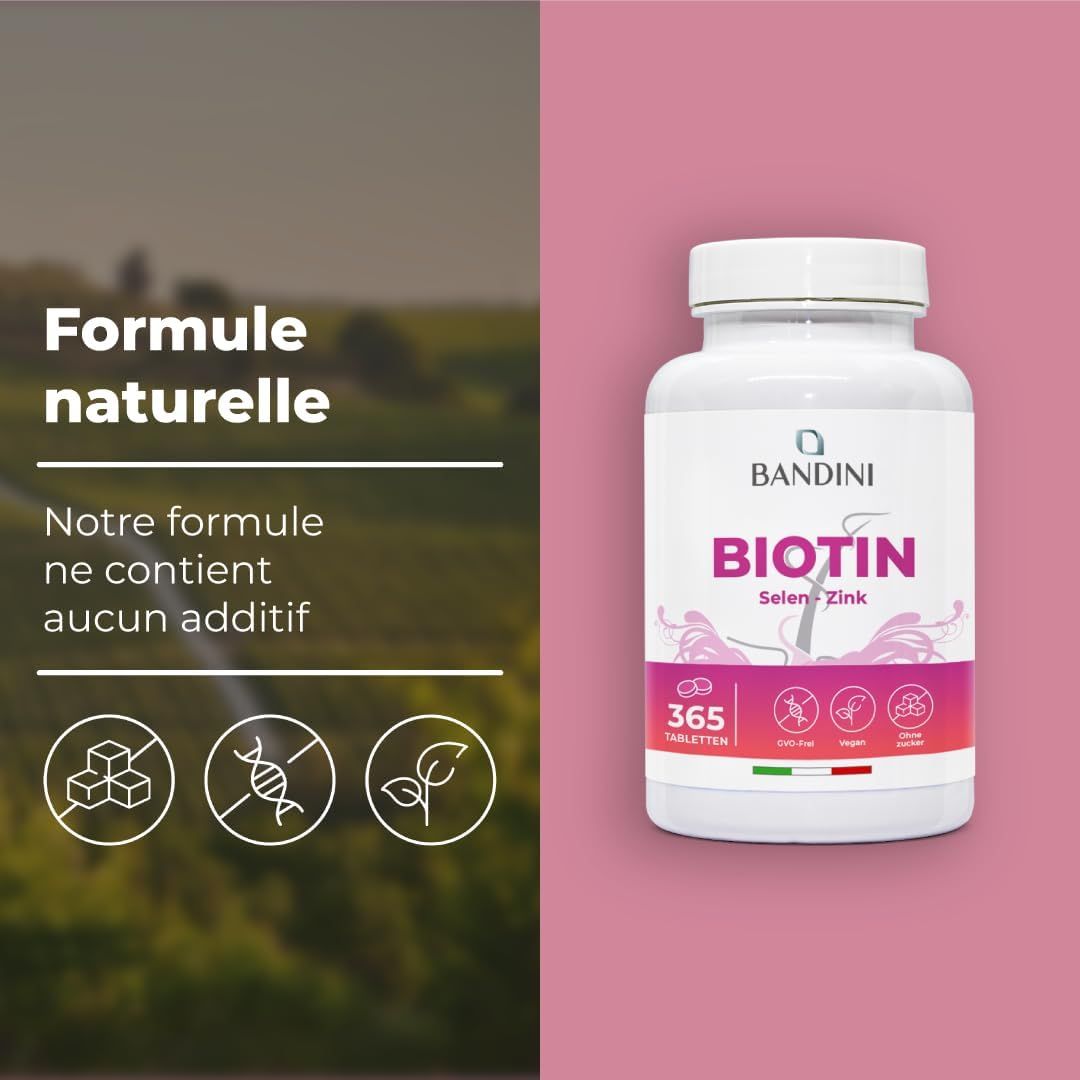 Weiße Bandini Biotin-Tabletten-Dose. Aufschrift: Biotin, Selen, Zink. 365 Tabletten. Text: Formule naturelle. Keine Zusatzstoffe.