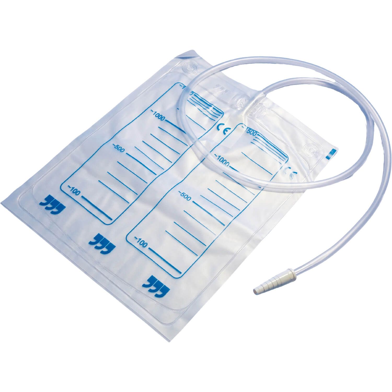 Transparenter Urinbeutel mit Skala und Schlauch. Blaue Markierungen mit Messwerten. CE-Kennzeichnung.