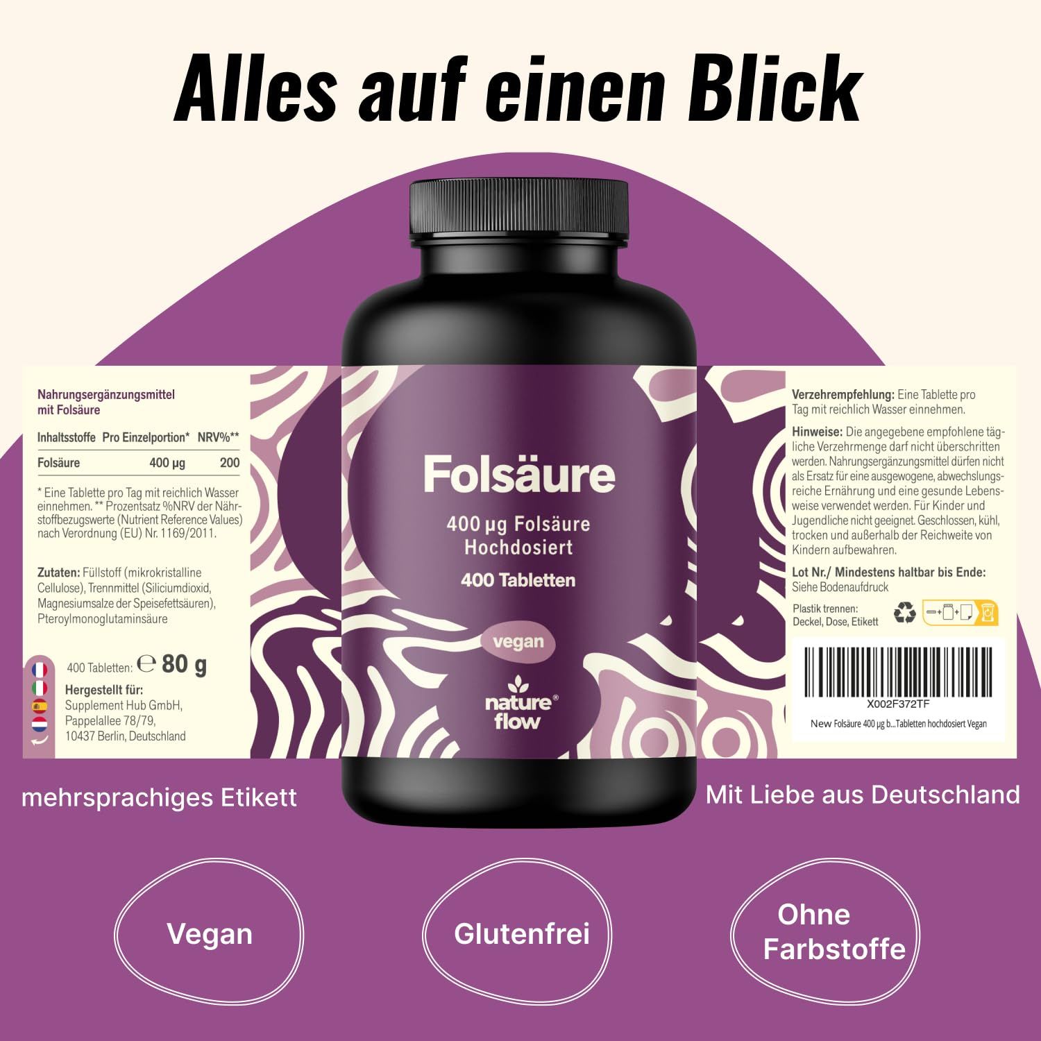 Flasche mit Folsäure-Tabletten. Aufschrift: Folsäure 400 µg, 400 Tabletten. Vegan. Mehrsprachiges Etikett. Ohne Farbstoffe, glutenfrei. Marke: nature flow.