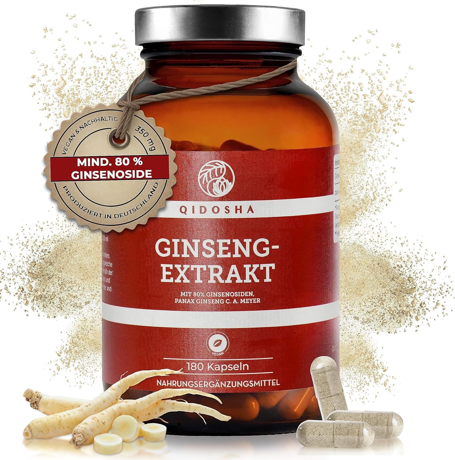Braune Glasflasche mit rotem Etikett. QIDOSHA Ginseng-Extrakt, 180 Kapseln. Etikett: Mind. 80% GINSENOSIDE. Ginsengwurzeln und Kapseln.