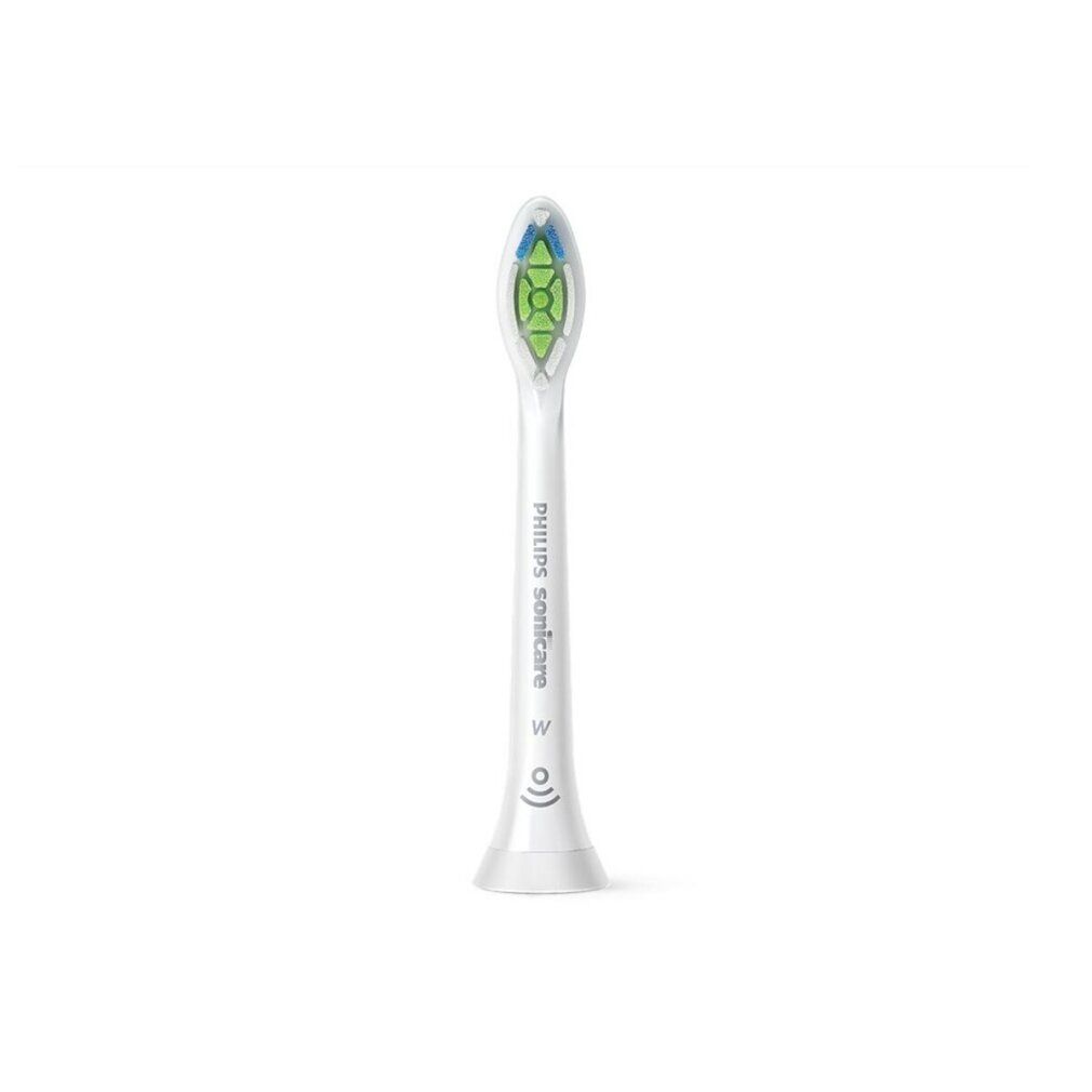 Ein weißer Philips Sonicare-Bürstenkopf. Grüne und blaue Borsten. Aufschrift "Philips Sonicare".