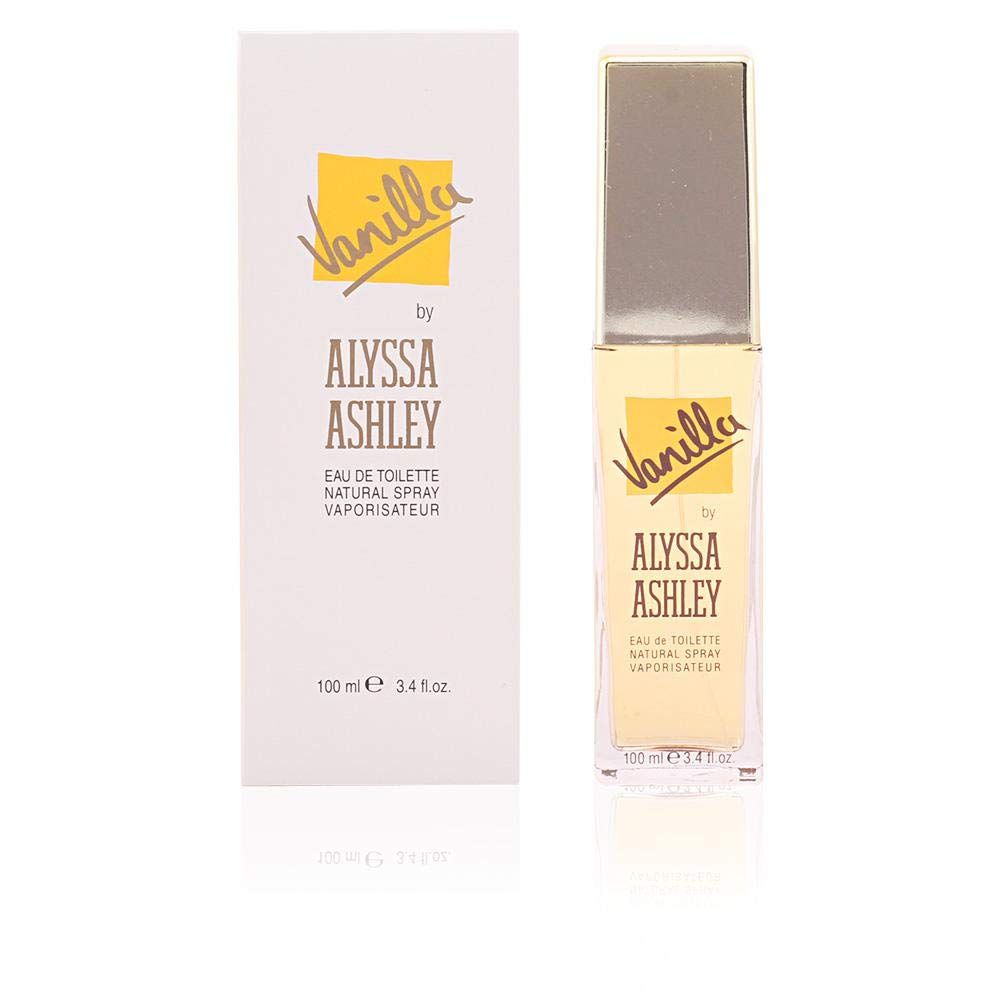 Flakon und Schachtel. Aufschrift: Vanilla by Alyssa Ashley. Eau de Toilette Natural Spray Vaporisateur.