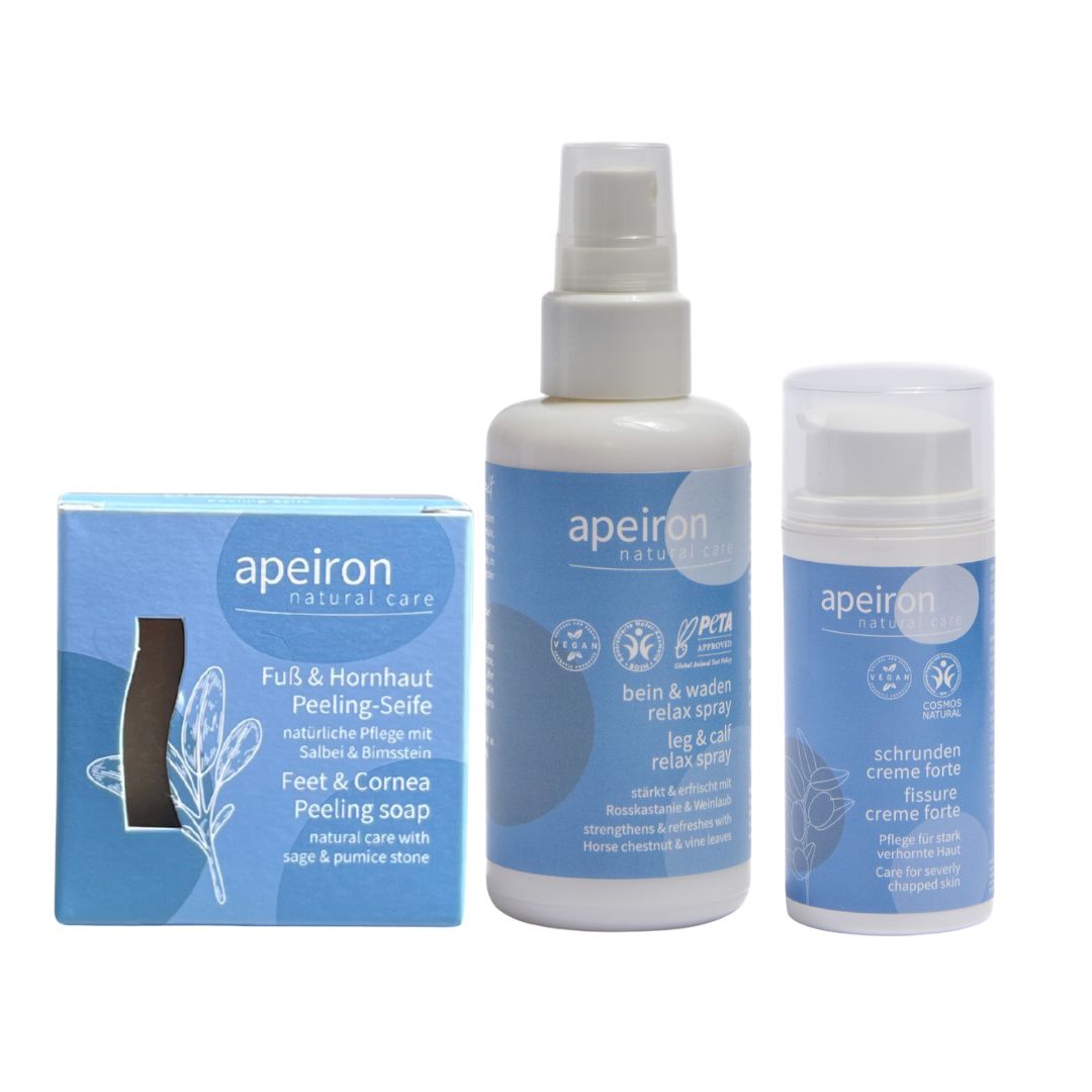 Fußpflegeset mit Seife, Spray und Creme. Blaue und weiße Flaschen und Verpackung. "Apeiron natural care" Logo.