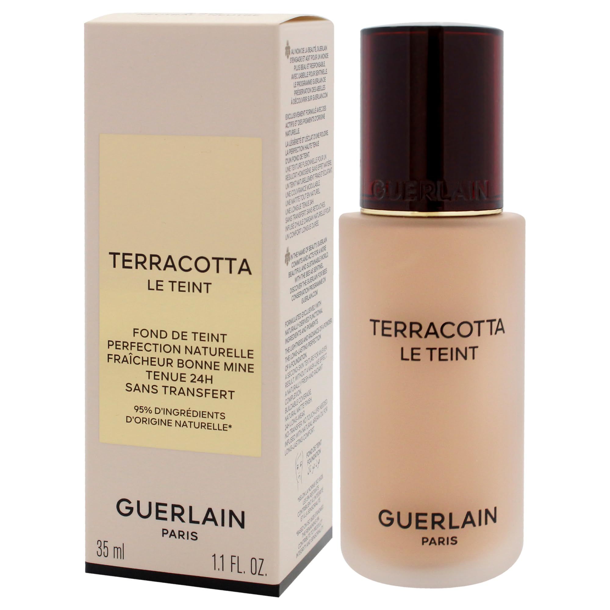 Beige Foundation-Flakon und -Verpackung. Aufschrift: Terracotta Le Teint, Guerlain Paris. 35 ml, 1.1 FL. OZ.