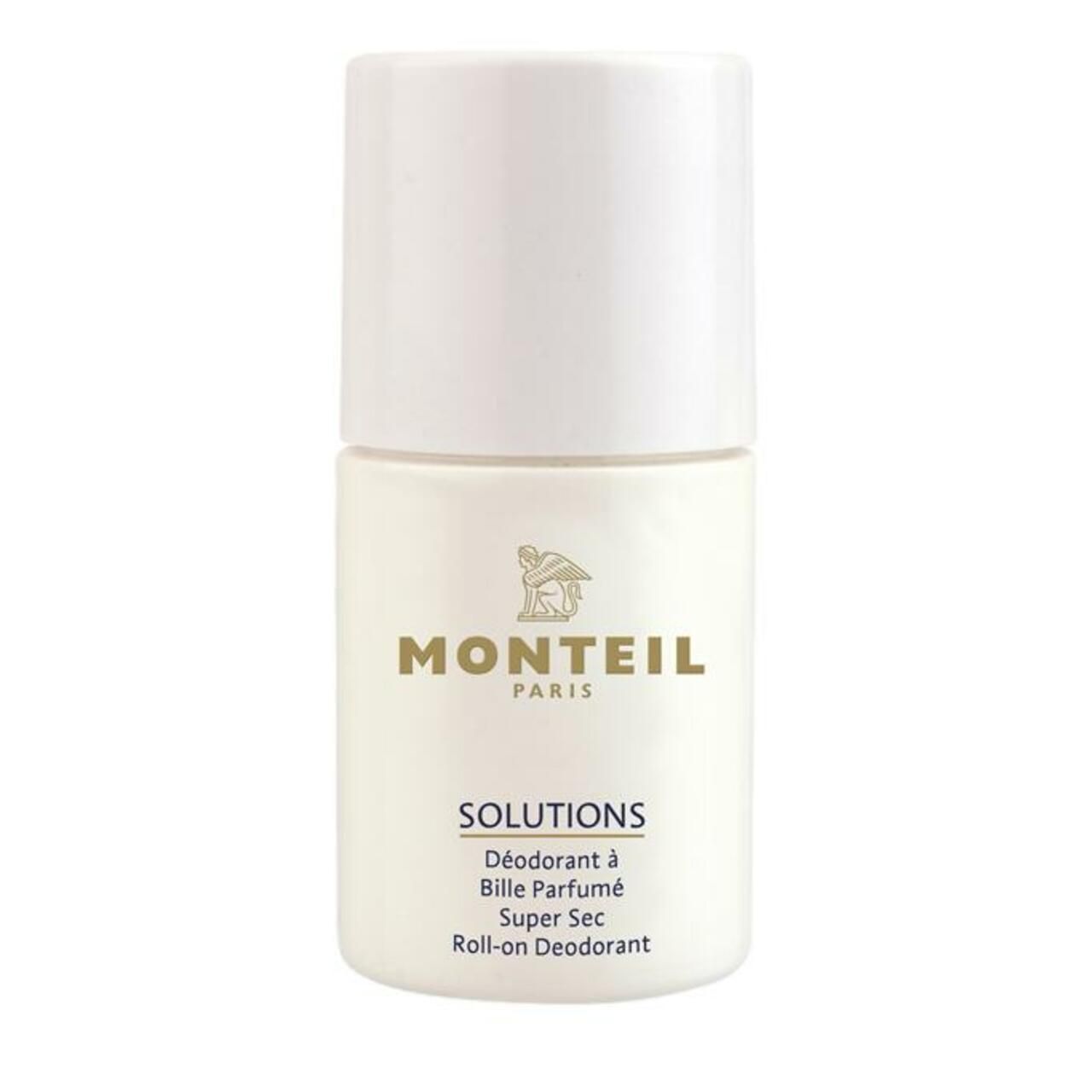 Monteil Solutions Super Sec Roll-On Deodorant in weißer Flasche mit weißem Deckel.